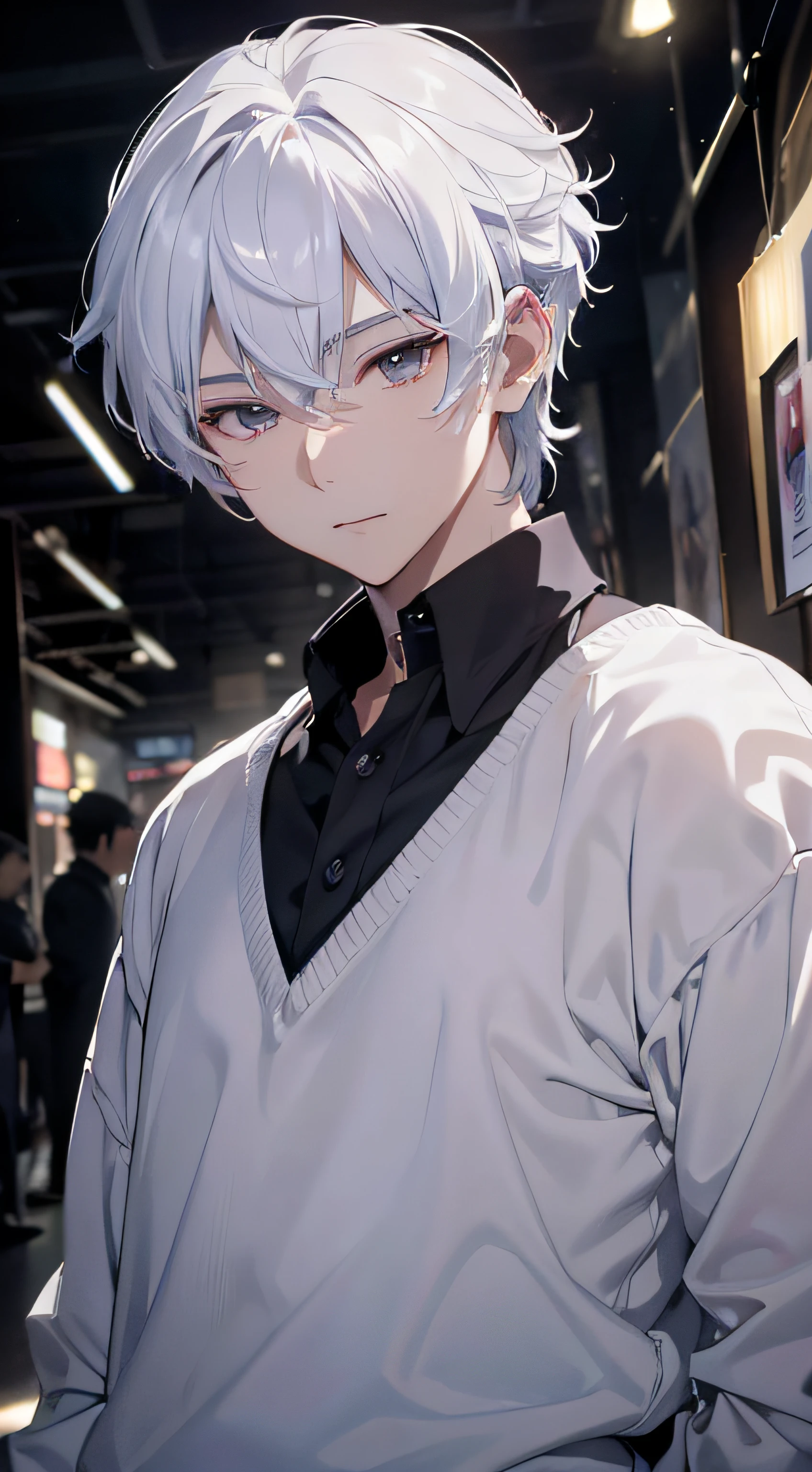 (absurderes、hight resolution、ultra-detailliert、nffsw)、masterpiece、top-quality、、独奏、a handsome、shorth hair、white hair、finely eye and detailed face、Casual clothing、Real Shadows、Joy、Connecting ears、The upper part of the body、Blur the background、