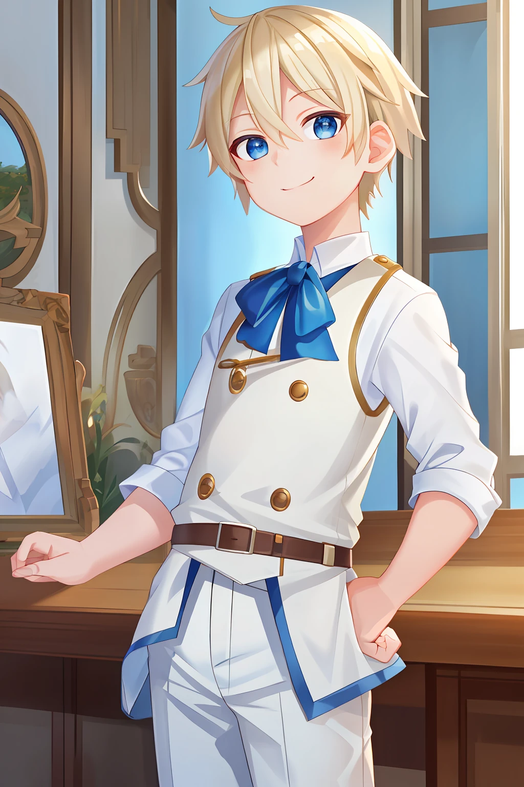 (high-quality, breathtaking),(expressive eyes, perfect face), 1boy, male, solo, short, young boy, short blonde hair, blue eyes, white shirt, pants, smile