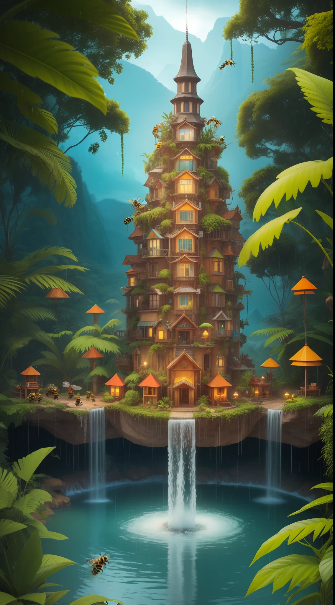 Evolved bees Automated Beehive city in a jungle,  super vibrant,  extremely detailed, photorealistic, jungle, 8k, raining, cyan themed robots, multi colored bees, cybernetic power generating mountains,  snow, high  res, dslr, with fountain flowing cyan water, technologically advanced city, skyscrapers, bees, bee hives