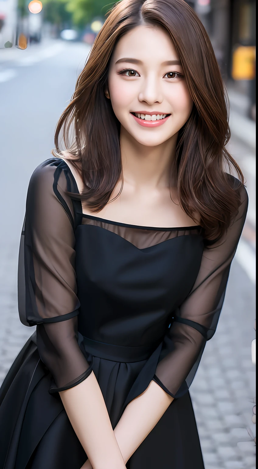 ((Best quality, 8k, Masterpiece :1.3)), 1girl, smiling, full body, slim face, Pretty woman, (Dark brown hair), full length dress :1.1, Ultra-detailed face, Detailed eyes, Double eyelid, blur background, slim face, city, outside, street,