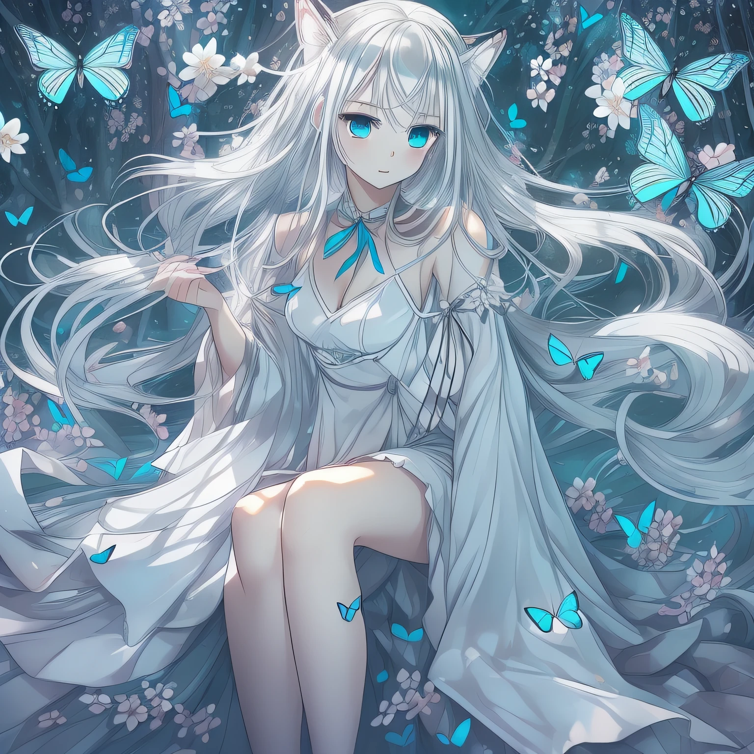 (down view),Dynamic Angle,Ultra-detailed, illustration, Close-up, straight on, 1girll, (fantasy:1.4), (azureblueeyes:1.233),Her eyes shone like dreamy stars,(Glowing eyes:1.233),(Beautiful and detailed eyes:1.1),(Silver hair:1.14),(Messy hair,Very long hair,french braid,hair between eye,side locks), (+(bule hair flower:1.14)),(Chiffon dress,bule flower pattern in uniform)/=(army suit:1.24),(Detached sleeves,Wide sleeves),(Fingerless gloves),choker necklace,(miko thighhighs),high heels boots,(Expressionless,Closed mouth),(standing), (classical Princess boudoir with dressing tableand french windowin a white ancient palaces),(White flowers,full bloom),(abyssal),(Flowing water),(a dull blue world tree:1.14),(废墟),(Night:1.2),Dreamy,soul,(Fluorescence),(flying translucent blue butterflies:1.15), [[Delicate fingers and hands:0.55]::0.85],(Detail fingers),(yubao:0.5),Upper body,It has white fox ears and 9 white fox tails