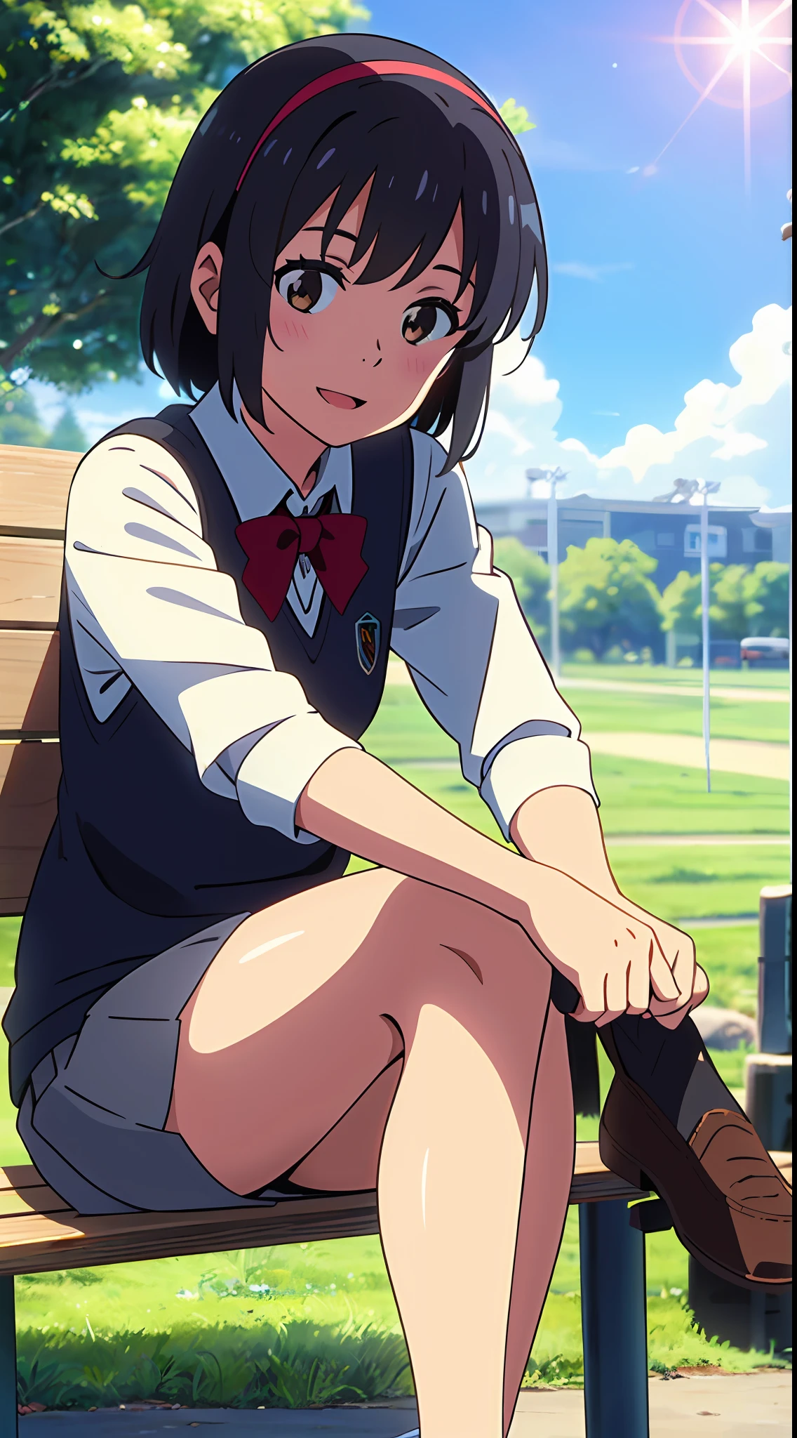 shinkai makoto, kimi no na wa., 1girl, bangs, black hair, blue sky, blush, bow, brown eyes, shiny skin, cloudy_sky, sunlight, collared shirt, headband, looking at the viewer, red bow, red headband, red ribbon, Ribbon, school uniform, shirt, short hair, smile, shadow, solo, sweater vest, upper body, vest, white shirt, yellow sweater vest, yellow vest, smile, happy, open mouth, lens_flare, sitting on a bench with her feet up, afternoon hangout, sitting down casually
