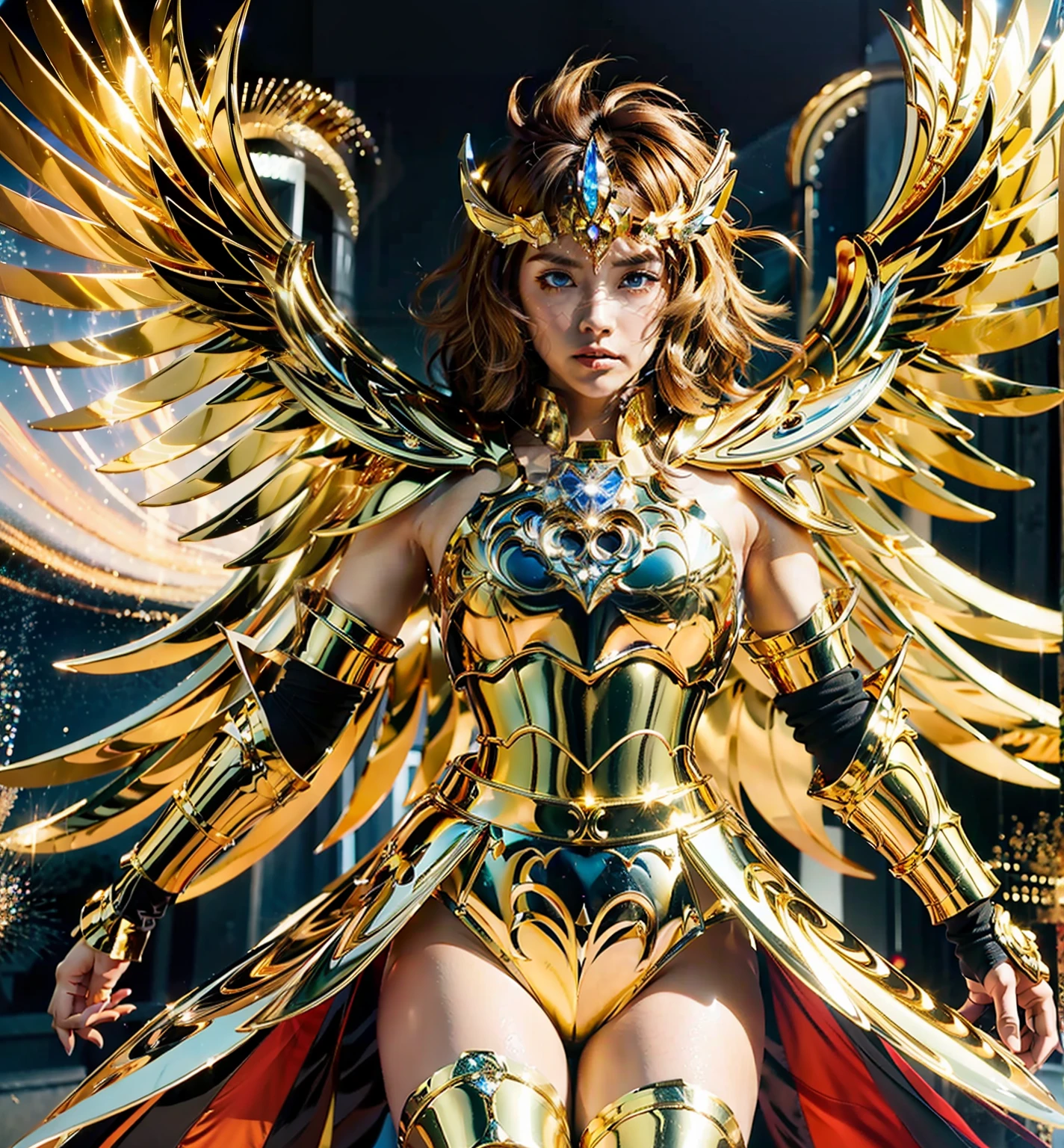 Ultra-high saturation（tmasterpiece）， fully body photo，（best qualtiy）， （1girll），super wide shot， sface focus， Wearing shiny gold armor， sexy armor，A plump chest，No underwear，Naked，Expose your chest，Expose the waistline，Exposing thighs，cool-pose， Saint Seiya Armor， messy  hair，high detal, Anime style, Cinematic lighting, The armor shimmers in gold, god light, Ray traching, filmgrain, hyper HD, textureskin, super detailing, Anatomical correct, A high resolution，Ultra-high saturation，hight contrast，High-gloss armor，Smooth skin，Grim expression，Behind him are long golden wings，brown  hair，eBlue eyes，long golden wings