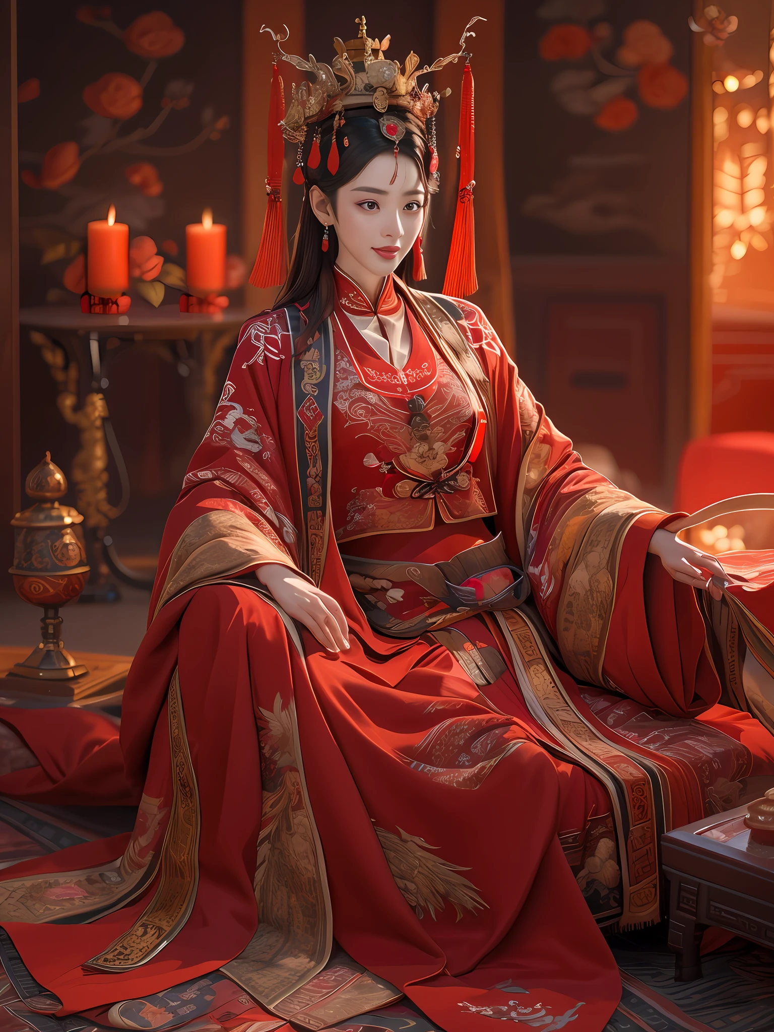 (Best quality: 1.1), (Realistic: 1.1), (Photography: 1.1), (highly details: 1.1), A woman wears a red and gold dress，Woman with a crown on her head, A hair stick, (sitting on red bed), Blushing, Shy, black_Hair, crown, Looking down, (2 red candles), Chinese_clothes, Curtains, Earrings, Hair_decorations, Hanfu, interiors, jewelry, Long_Sleeves, Red dress, Redlip, nipple tassels, (Red quilt), (red palace: 1.2), (3DMM: 1.5),mix4,