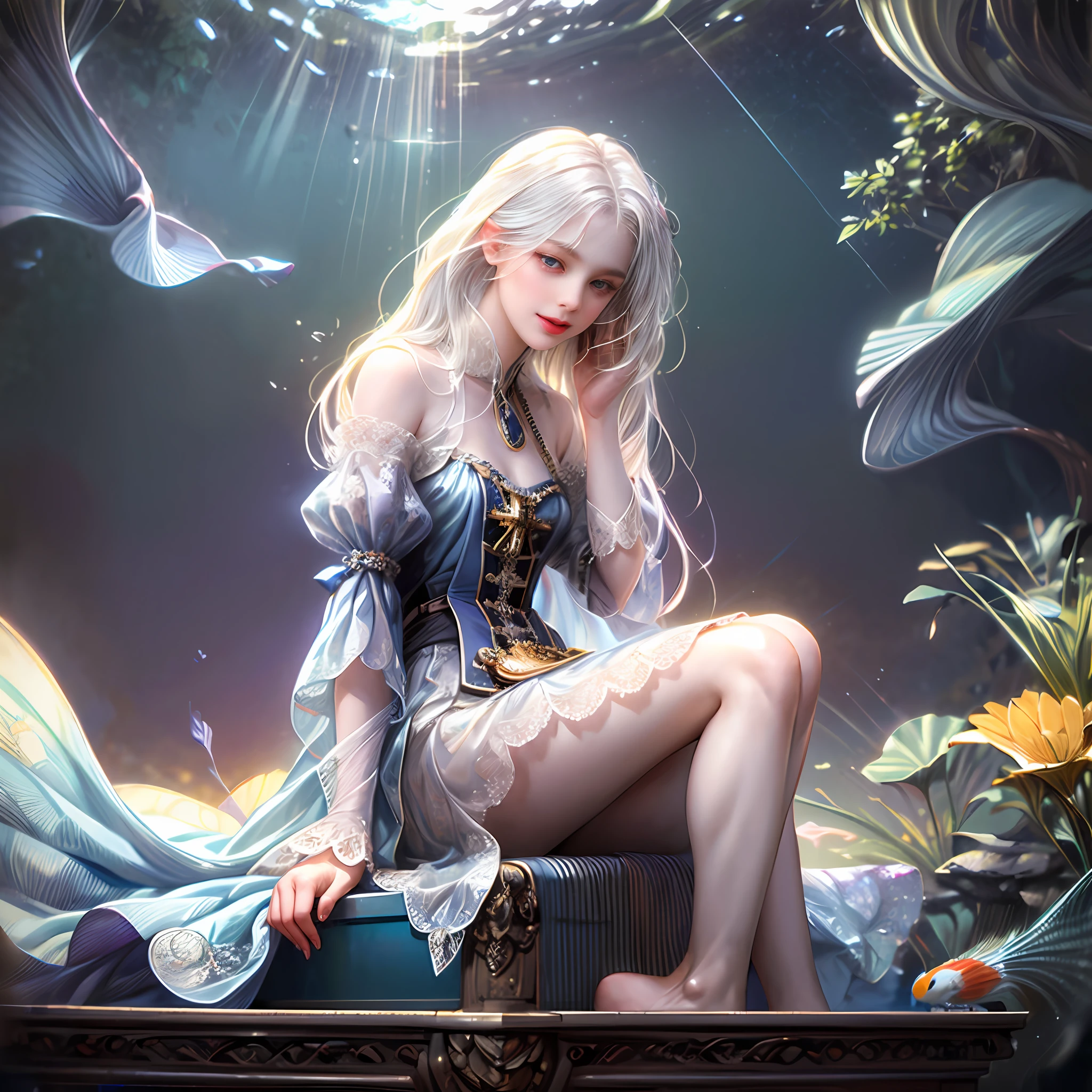 (((Extremely detailed))), 1girll, Solo, mysterious, vivd colour, Shiny, Underwater transparent sealed hemispherical glass dome, (White hair), (Purple eyes), full body, Barefoot, Long hair tranquility nature, Koi, Underwater, Dome, Close up, Dynamic actions, Lens perspective, (((Box composition))), sitting cross-legged，Leaning against the bookshelf, voluminetric lighting, multi colored eyes, Detailed eyes, ultra - detailed, Light smile, Highly detailed, Beautiful, small detailed, Ultra detailed, Intricate, trending on artstationh, Good anatomy, Beautiful lighting, Award-winning, illustration, (((Masterpiece))), (((Best quality))), Best quality, 4K, 8K  [(Transparent background:1.5)::5]