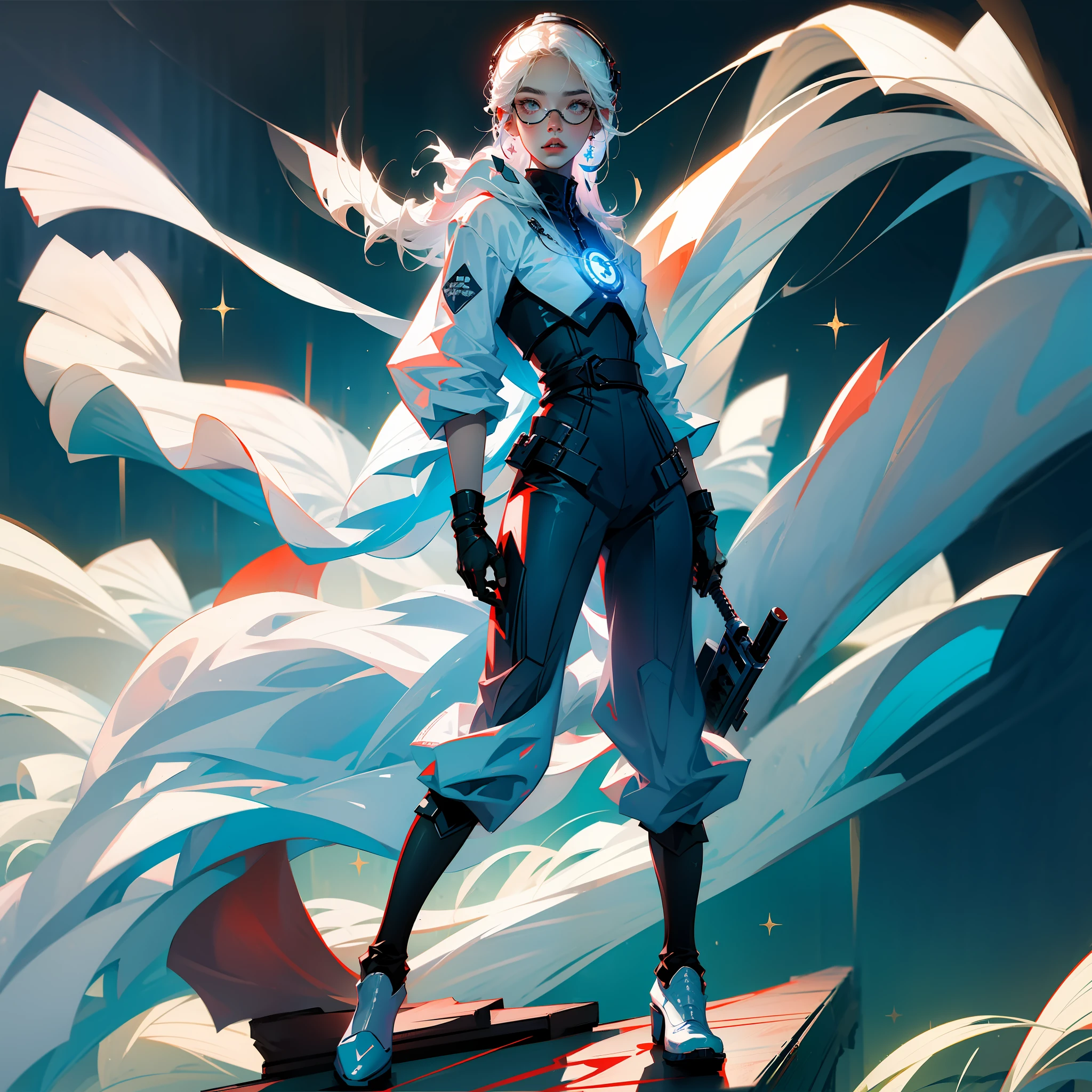 Brave boy，,Perfect face,美丽细致的眼睛，Foot flotation board，Wear headphones and glasses，holding a double gun，Tech Style，Future era，Cool white hair，Dynamic Star Wars background --auto