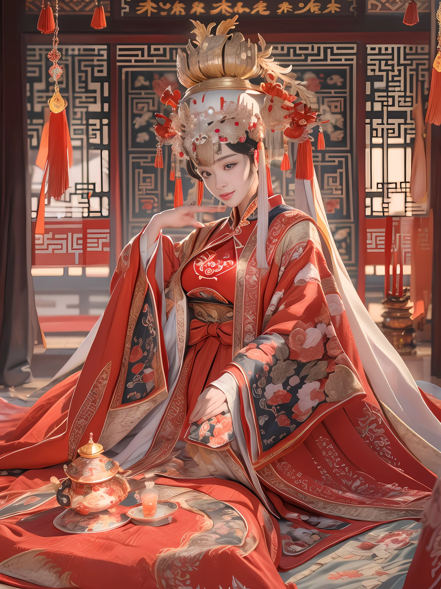 (Best quality: 1.1), (Realistic: 1.1), (Photography: 1.1), (highly details: 1.1), A woman wears a red and gold dress，Woman with a crown on her head, A hair stick, (sitting on red bed), Blushing, Shy, black_Hair, crown, Looking down, (2 red candles), Chinese_clothes, Curtains, Earrings, Hair_decorations, Hanfu, interiors, jewelry, Long_Sleeves, Red dress, Redlip, nipple tassels, (Red quilt), (red palace: 1.2), (3DMM: 1.5),mix4,