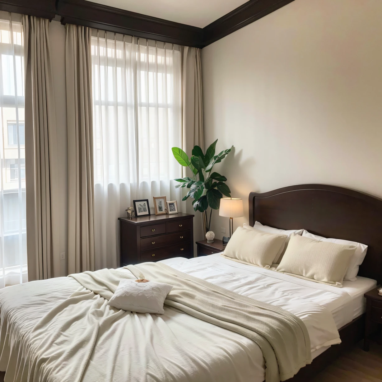 ,Masterpiece, Best quality,8K, 超高分辨率,Access to the bedroom,It's like you're in the residence of an ancient nobleman。Elegant décor and soft colours bring you ultimate comfort and warmth。The new Chinese furniture and details show the perfect combination of tradition and modernity。Soft bed,Will be immersed in a sweet sleep,Looking forward to waking up in the morning,Enjoy the warmth of the sun and the beauty of the new day。high end,posh