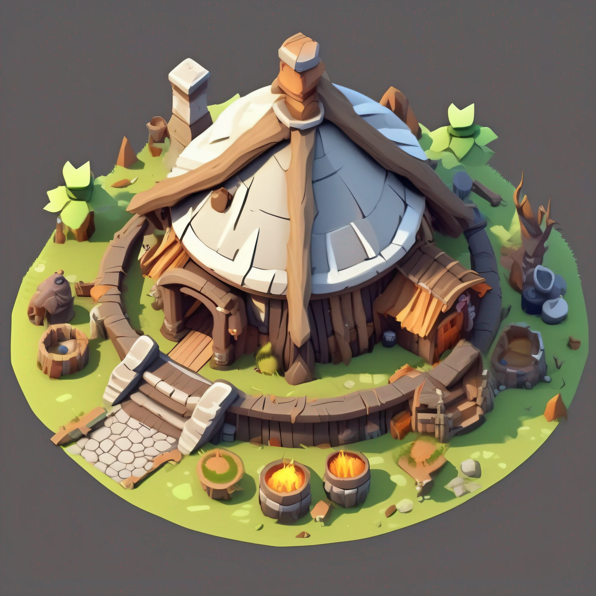 Isometric house,Primitive tribal architectural design,cartoonish style, Game architectural design,RPG style,(circular roof,Animal skeletons,stone,wood,symmetrical outpost, Single-storey building),(3D model rendering、Primitive barbarian style),white backgrounid,Stone Age,Primordial period,clash of clans style,Cartoon model rendering,low poly, best detail, tmasterpiece, best qualtiy, toon rendering, 8K