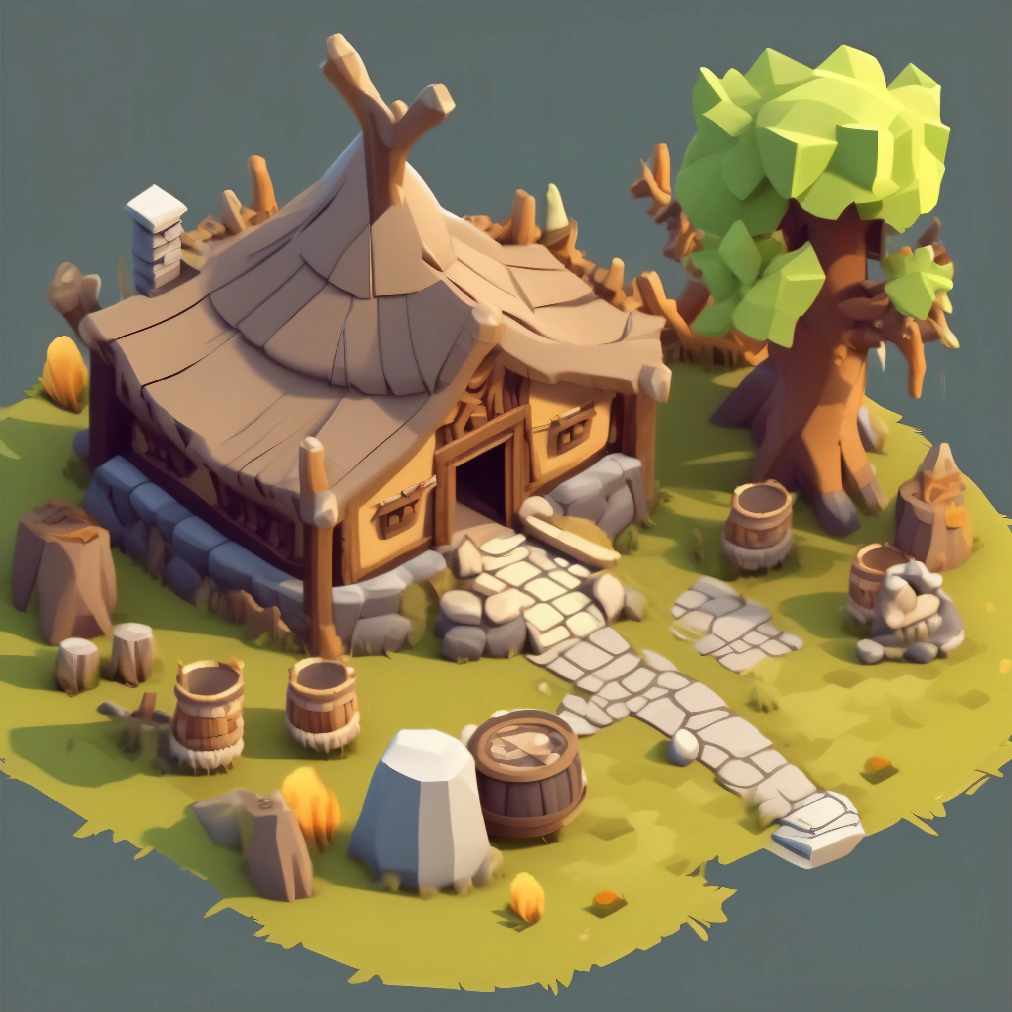 Isometric house,Primitive tribal architectural design,cartoonish style, Game architectural design,RPG style,(circular roof,Animal skeletons,stone,wood,symmetrical outpost, Single-storey building),(3D model rendering、Primitive barbarian style),white backgrounid,Stone Age,Primordial period,clash of clans style,Cartoon model rendering,low poly, best detail, tmasterpiece, best qualtiy, toon rendering, 8K