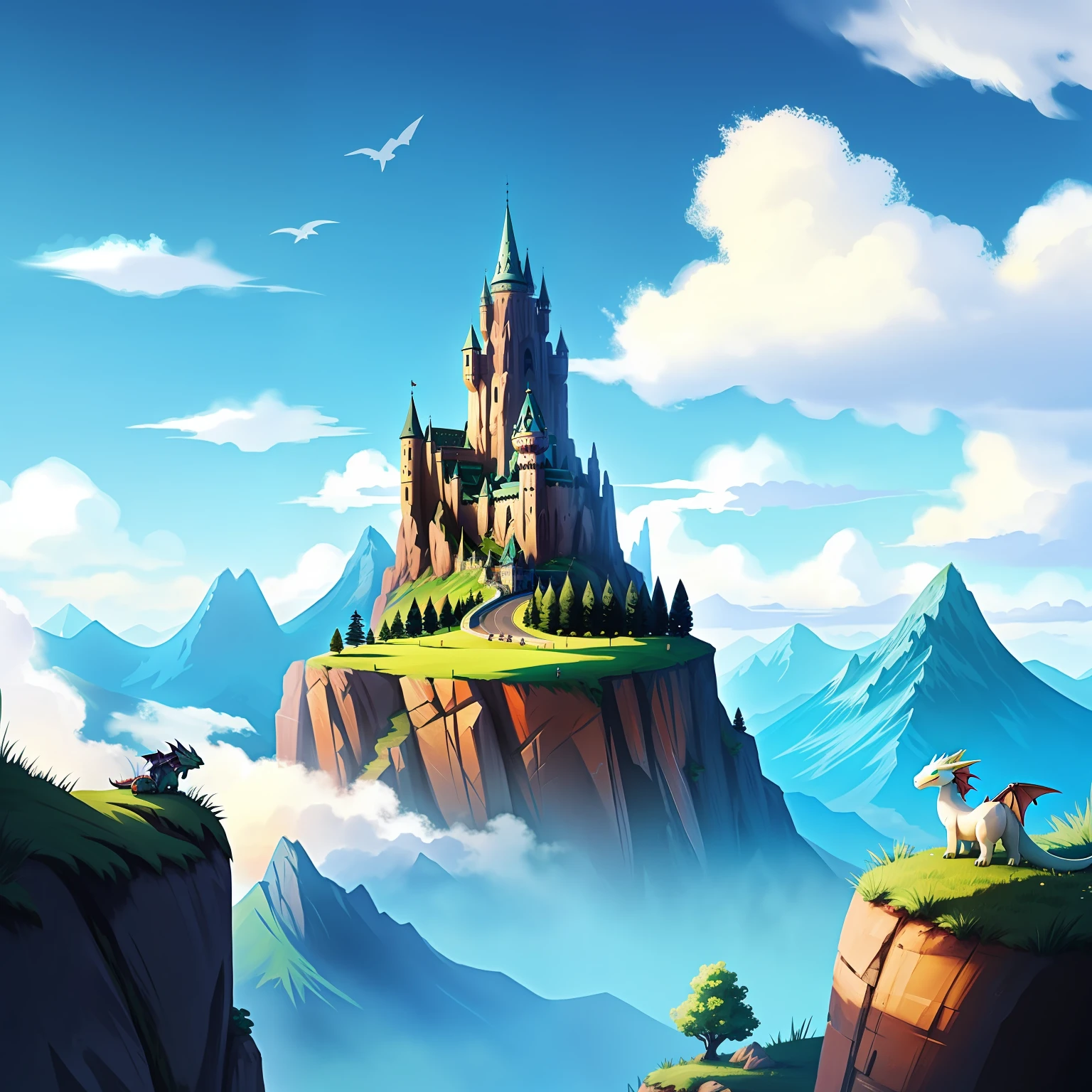 sky and mountains and tiny dragons background, cute fantasy style