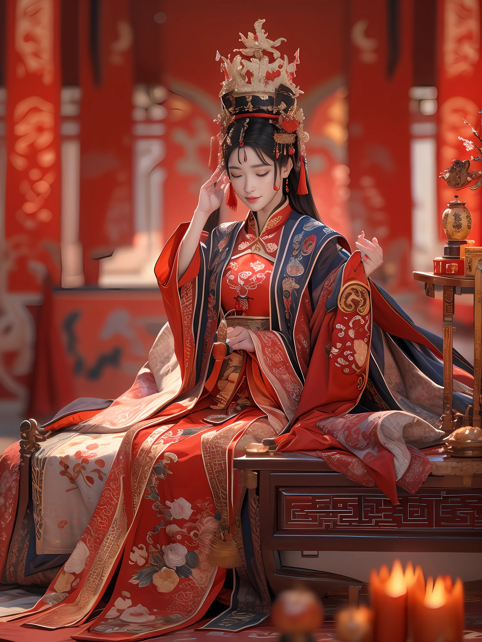 (Best quality: 1.1), (Realistic: 1.1), (Photography: 1.1), (highly details: 1.1), A woman wears a red and gold dress，Woman with a crown on her head, A hair stick, (sitting on red bed), Blushing, Shy, black_Hair, crown, Looking down, (2 red candles), Chinese_clothes, Curtains, Earrings, Hair_decorations, Hanfu, interiors, jewelry, Long_Sleeves, Red dress, Redlip, nipple tassels, (Red quilt), (red palace: 1.2), (3DMM: 1.5),mix4,