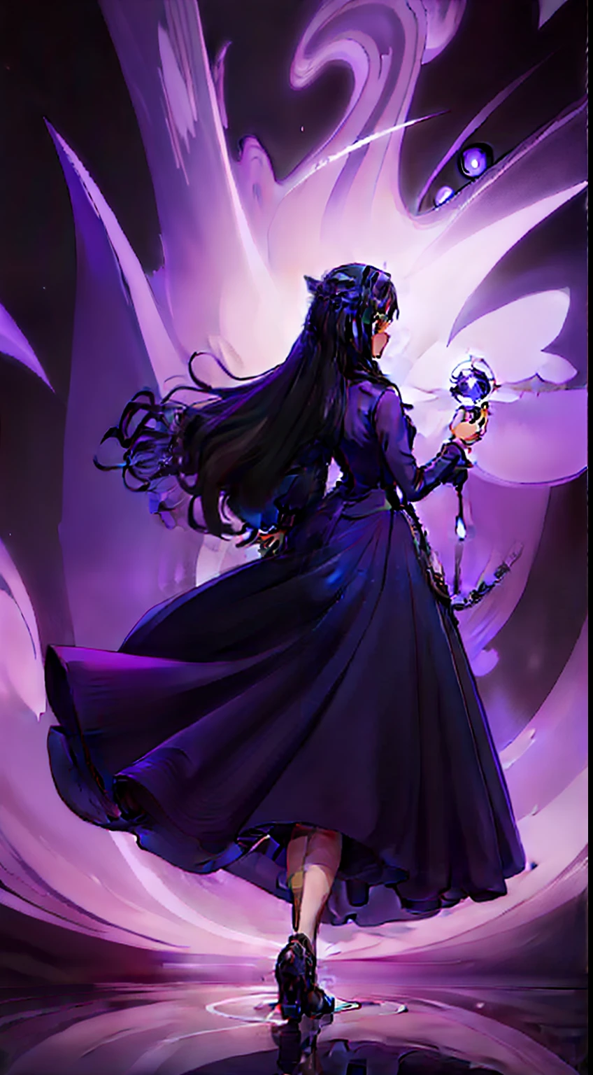 One of them wore a long purple dress,Holding a magic wand about time in his hand,Bring a pocket watch,Long hair,There is a veil behind the back,Crystal heels。magic。Summon the Blue Star Formation。