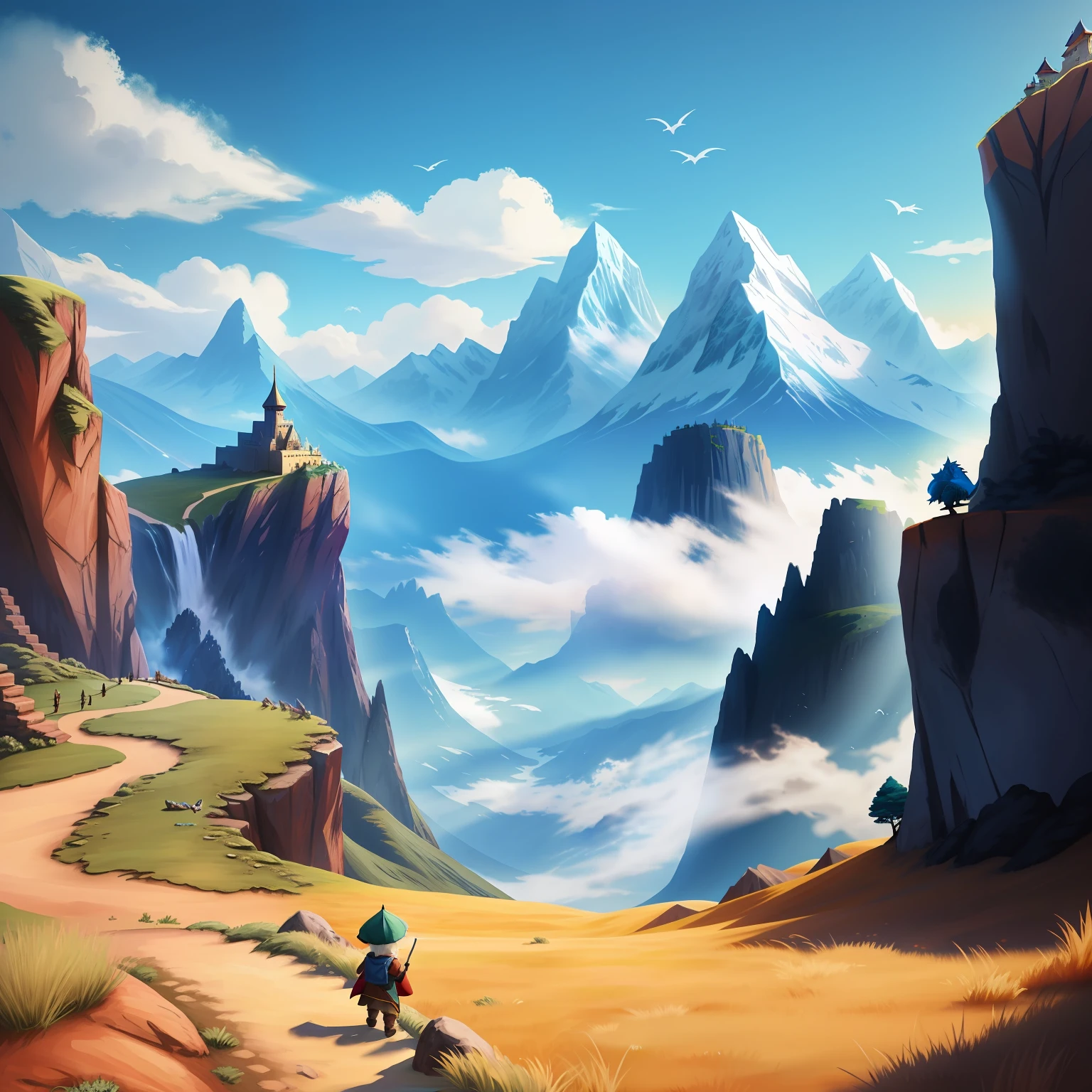 sky and mountains and tiny dragons background, cute fantasy style
