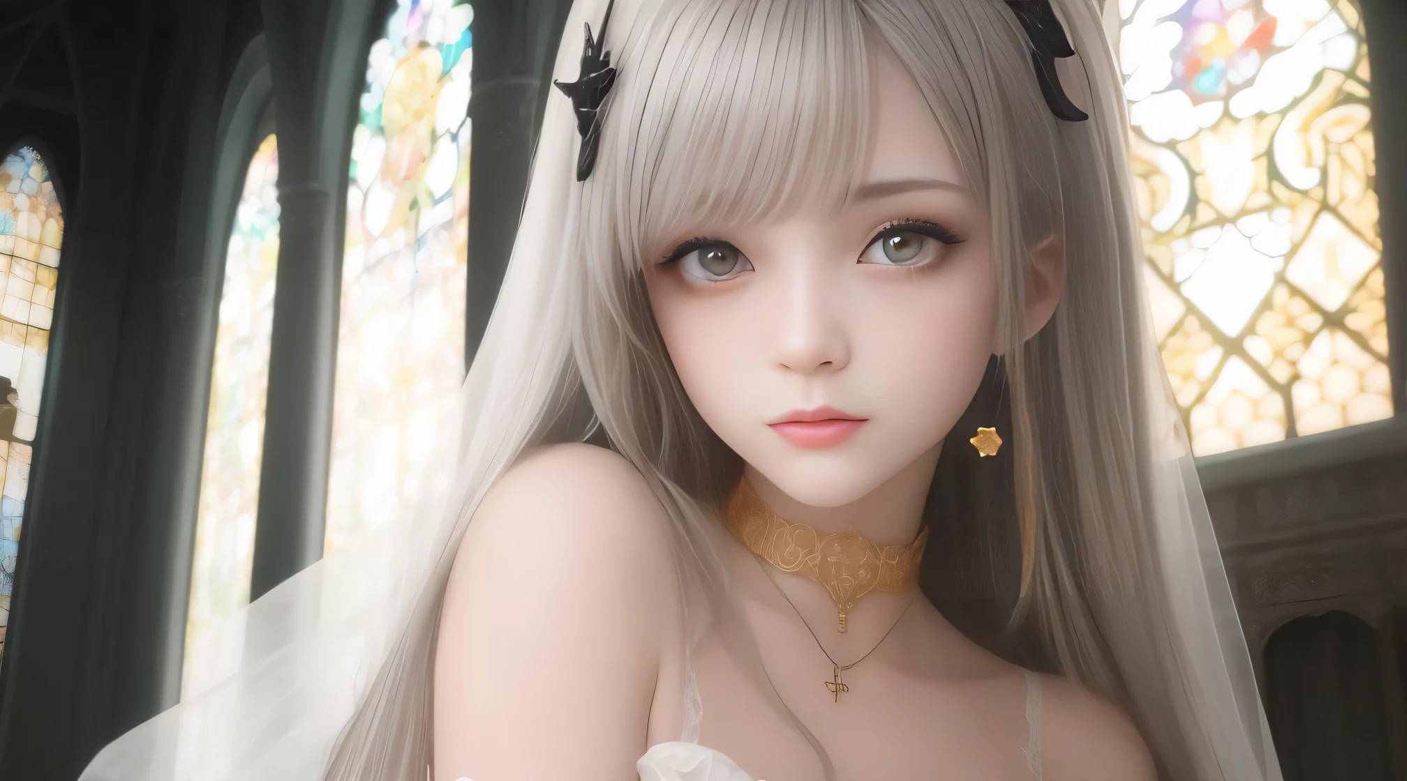 ( best quality, ultra-detailed), (best illumination, best shadow, an extremely delicate and beautiful), dynamic angle, floating, finely detail, Depth of field, (bloom), (shine), glinting stars, (illustration), (painting), (sketch), (solo), bishoujo, light, best, medieval, anceril sacred, ornate, colorful, golden, silver, blue, semstone color, aura, backlight, strong rim light, ray tracing, cinematic angle, {1girl}, adorable girl, anime girl, holy virgin, expressionless, very long hair, grey hair, (((detailed eyes))), ((yellow eyes)), looking at viewer, expressionless, small breasts, lace-trimmed dress, white dress, white garter straps, halo, tiara, hair ornament, jewelry, ribbon choker, pendant, heaven, churches, behind the virgin is the huge golden church