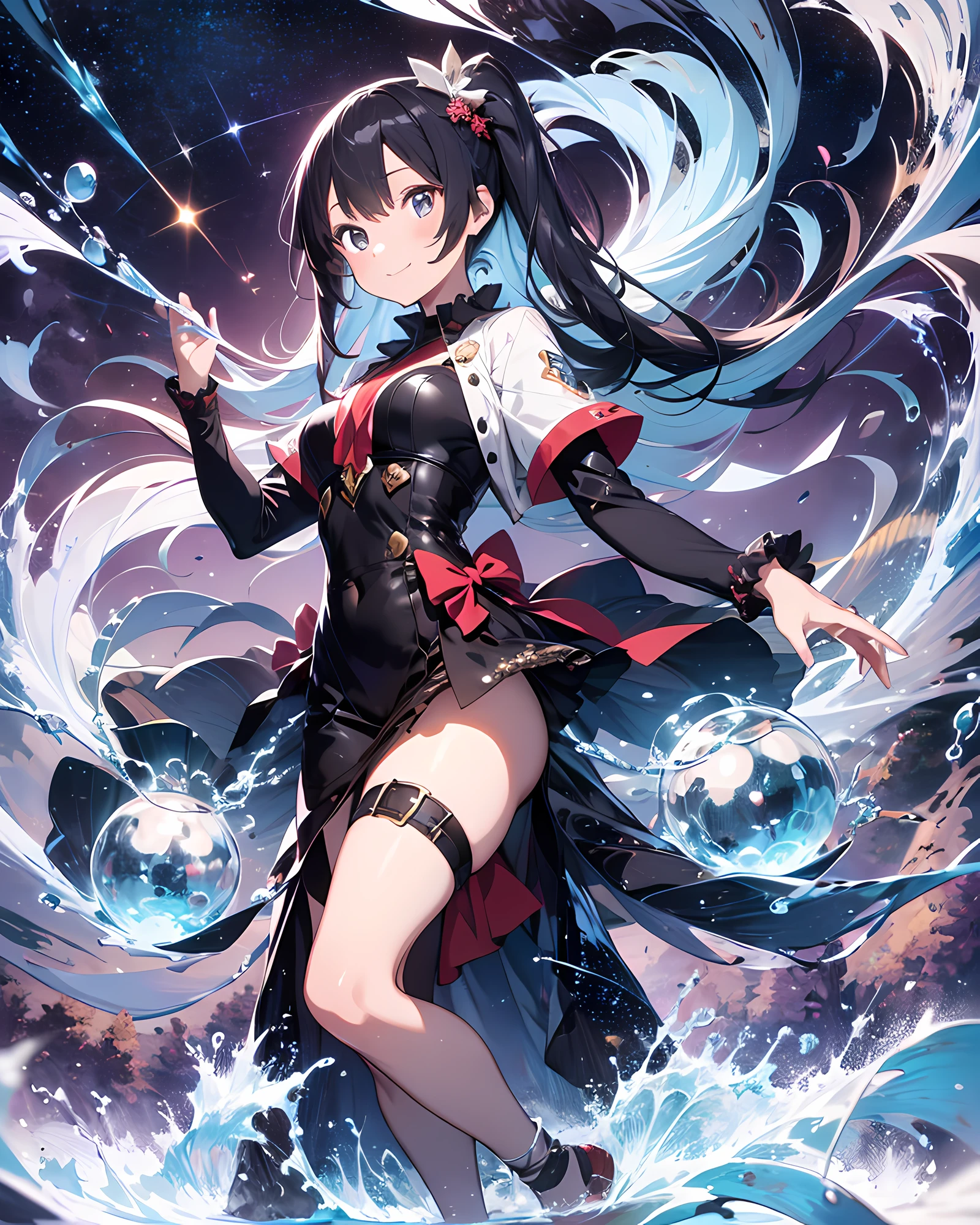 Anime style illustration, highres, ultra detailed, (1girl:1.3), (dynamic pose):1.0 BREAK, full body image, top angle, Eridanus is a beautiful woman with long flowing hair.
She is always smiling and has a kind personality.
She is the most water-bearer in the constellation.
Her water is so pure and a source of life.
She always protects the constellations and wants them to be happy.