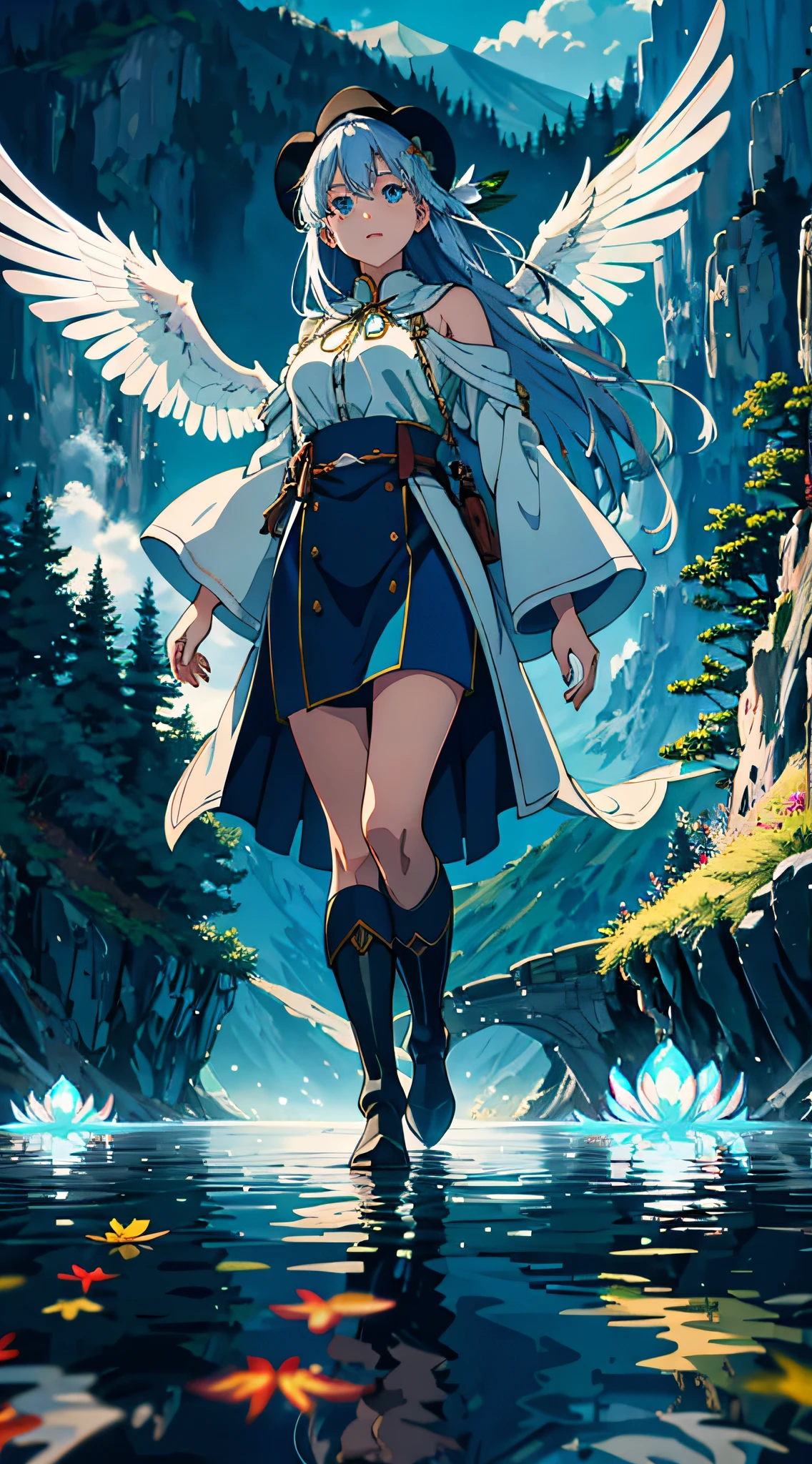 jpn,A high resolution,HighestQuali,illustratio,ultra - detailed,(详细的脸),(Detailed eyes),gentlesoftlighting,best qualtiy,hazy glow,Fantastic atmosphere,ultra - detailed,tmasterpiece,1girl,独奏,silber hair,Jewel-like blue eyes,knitwear, glowing light eyes, mediuml breasts, (Colorful), cow boy shot, from below, exteriors, Morning, clouds, Divine top light,Lakeside in the background, flying birds, The surface of the water is rippling, wonderland, tall mountain peaks, green leaf, das boot, busy, the trees, Winters, snowflower,rainbowing