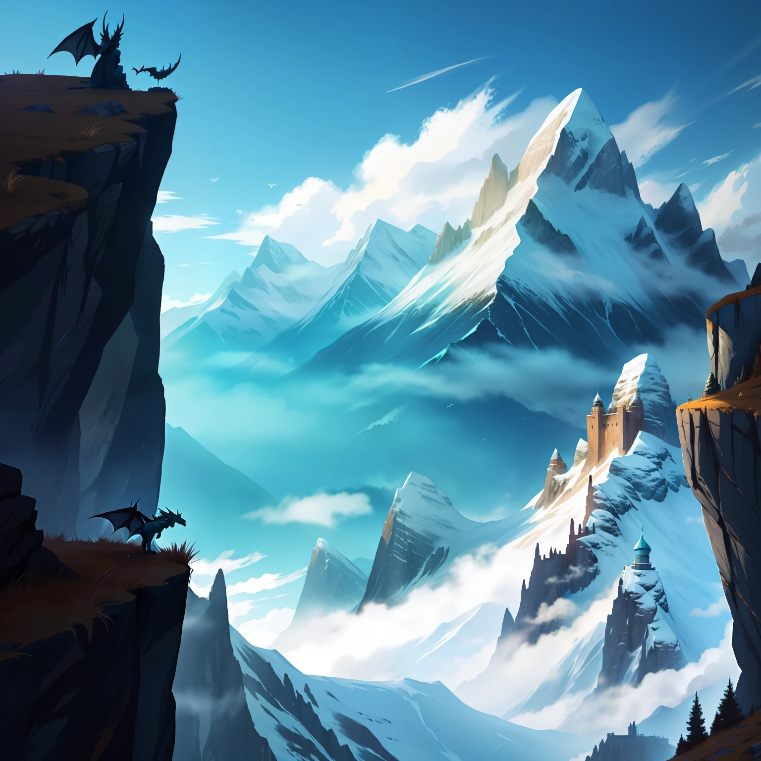 sky and mountains and dragons background, fantasy style