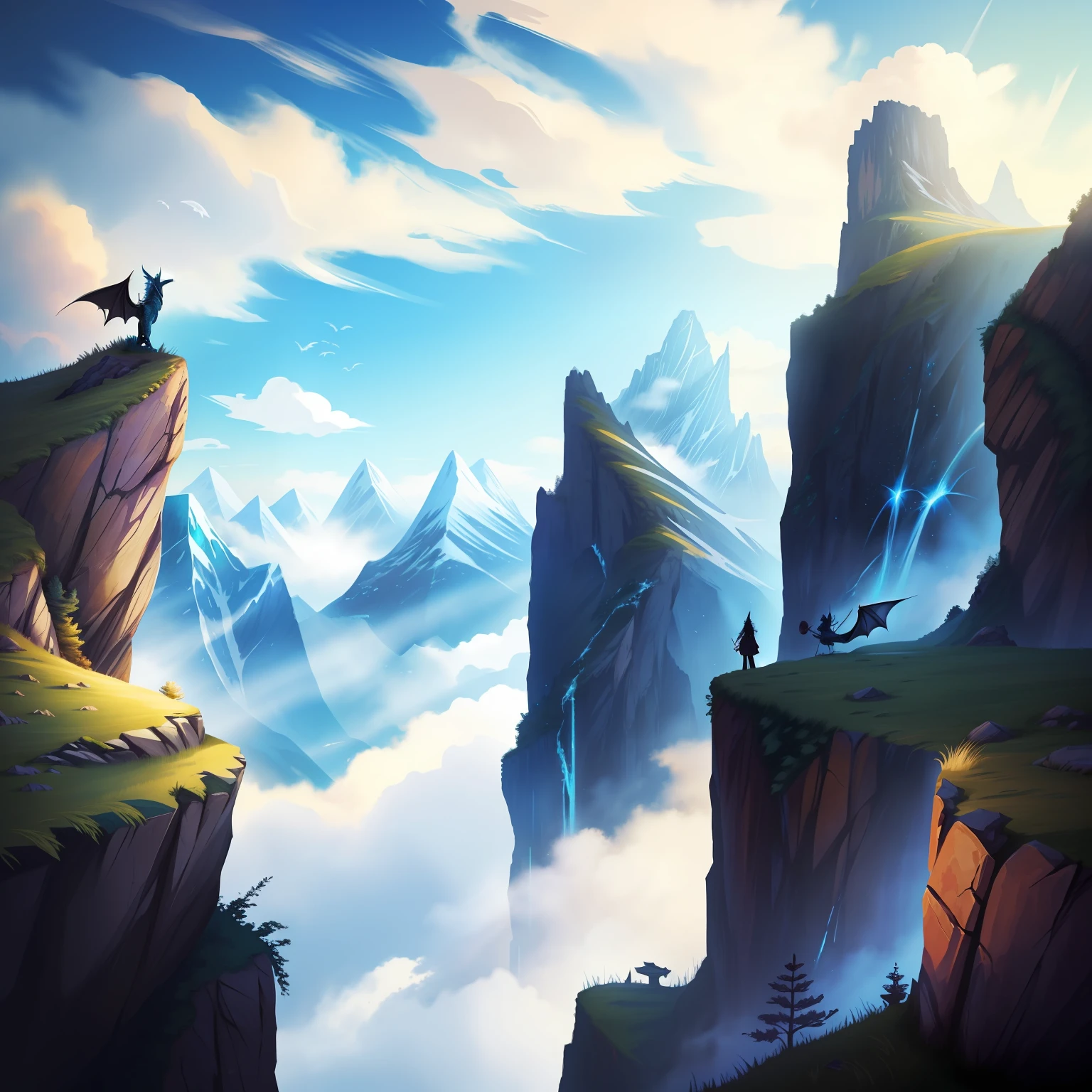 sky and mountains and dragons background, fantasy style