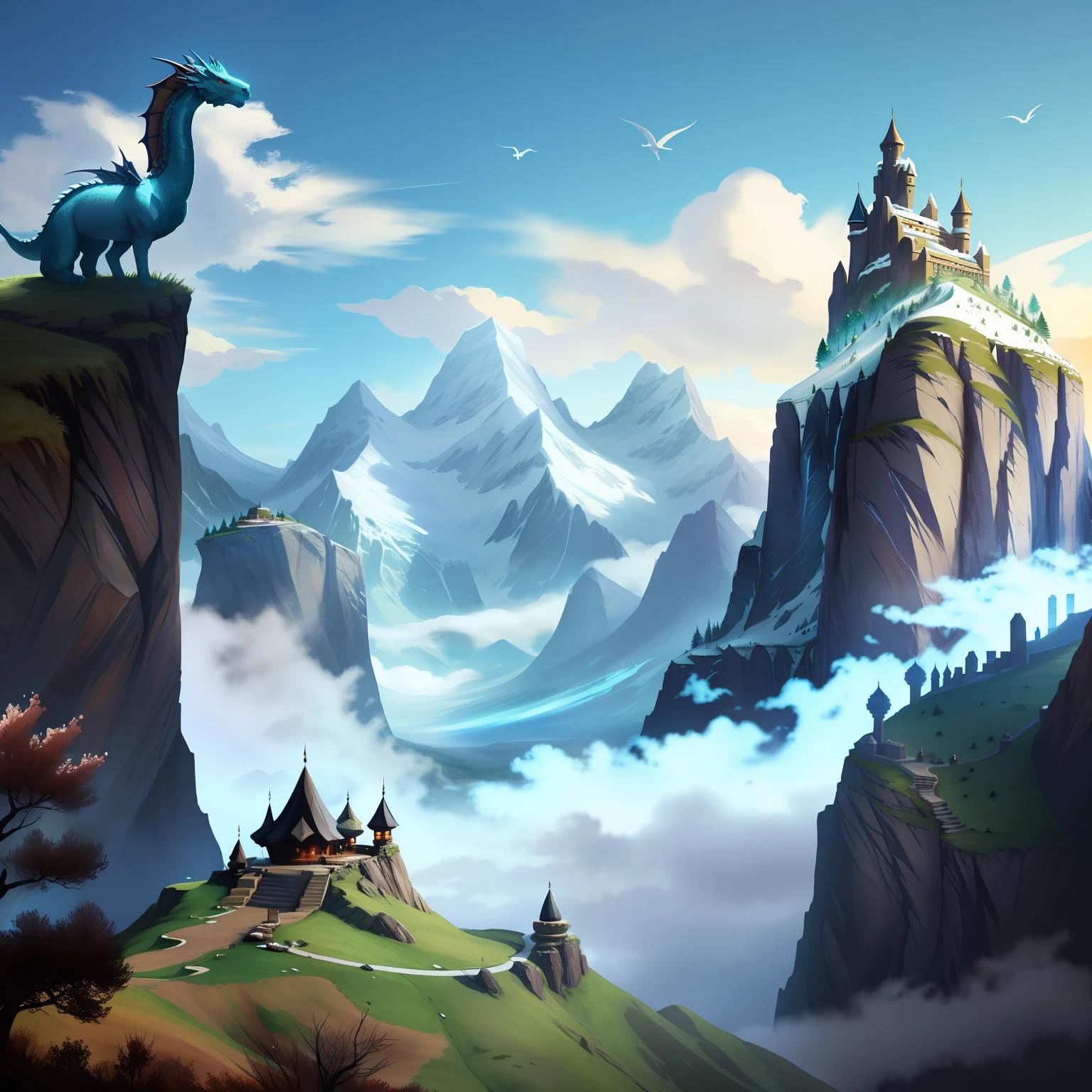 sky and mountains and dragons background, fantasy style