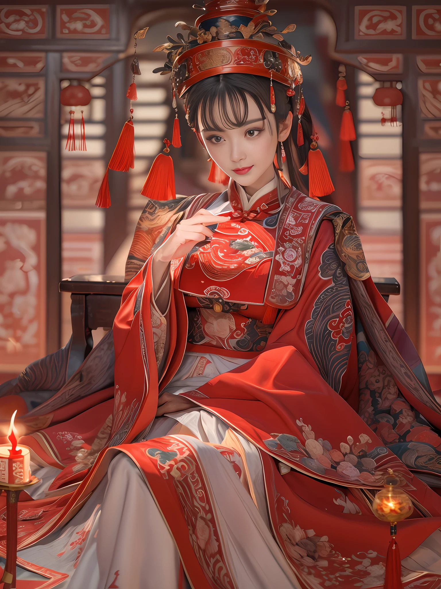 (Best quality: 1.1), (Realistic: 1.1), (Photography: 1.1), (highly details: 1.1), A woman wears a red and gold dress，Woman with a crown on her head, A hair stick, (sitting on red bed), Blushing, Shy, black_Hair, crown, Looking down, (2 red candles), Chinese_clothes, Curtains, Earrings, Hair_decorations, Hanfu, interiors, jewelry, Long_Sleeves, Red dress, Redlip, nipple tassels, (Red quilt), (red palace: 1.2), (3DMM: 1.5),mix4,