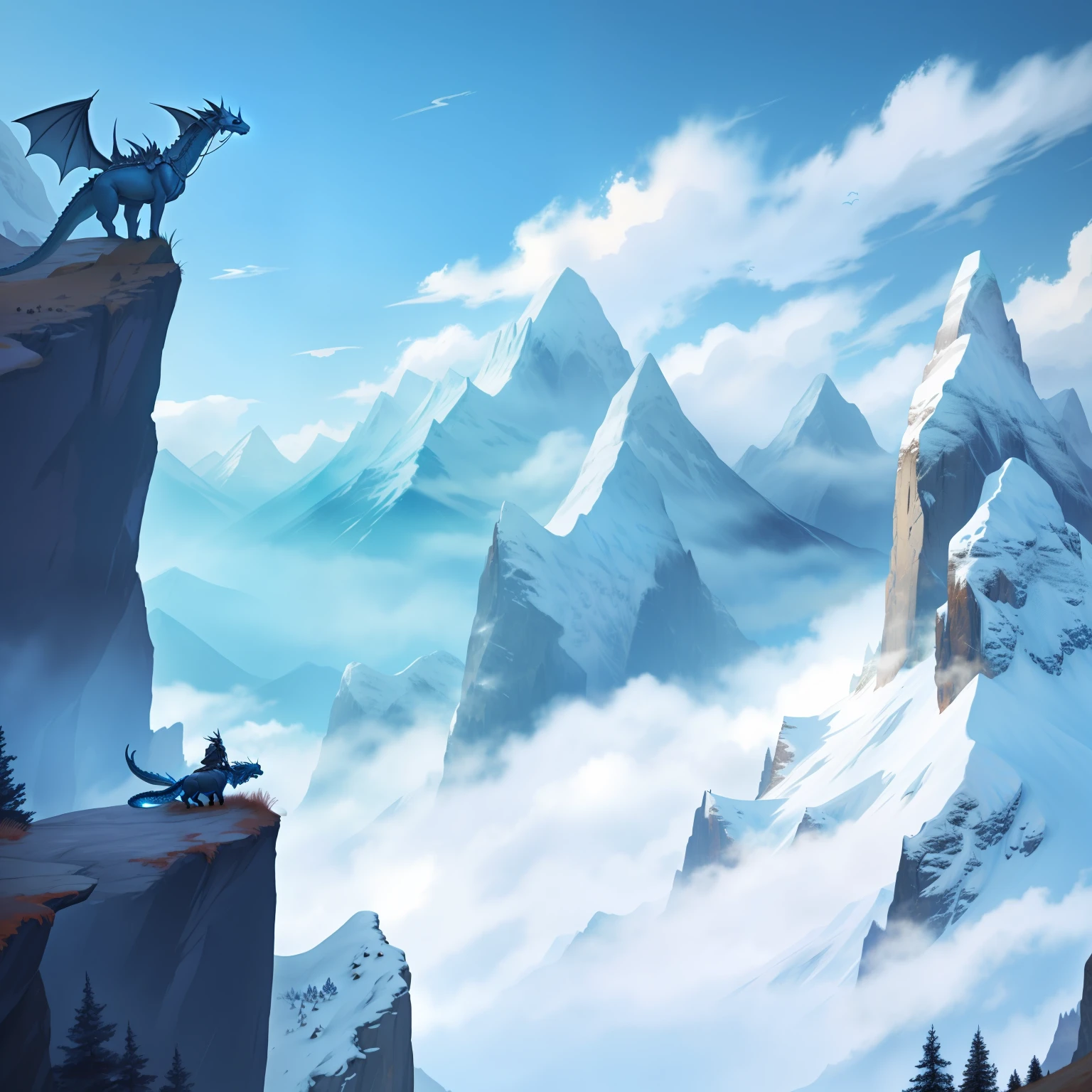 sky background, mountains and dragons, fantasy style