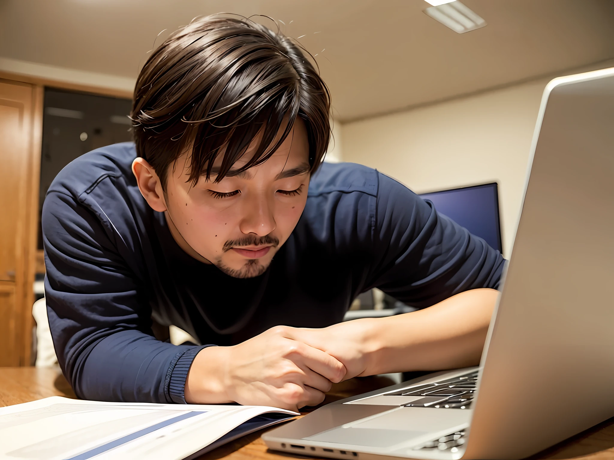 there is a man that is laying down on a bed，Holding a laptop, A laptop is placed on his lap, studyng in bedroom, At home, sitting in front of the computer, relaxing after a hard day, Working hard, sitting in front of the computer, trying to study, 4 0 years old man, sitting in bedroom, Chiba Yuda