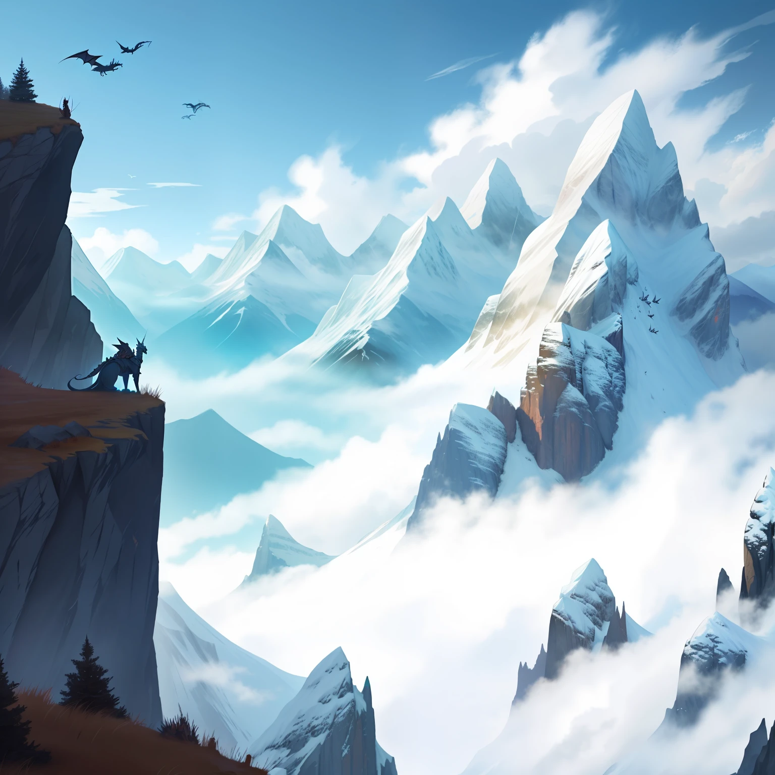 sky background, mountains and dragons, fantasy style