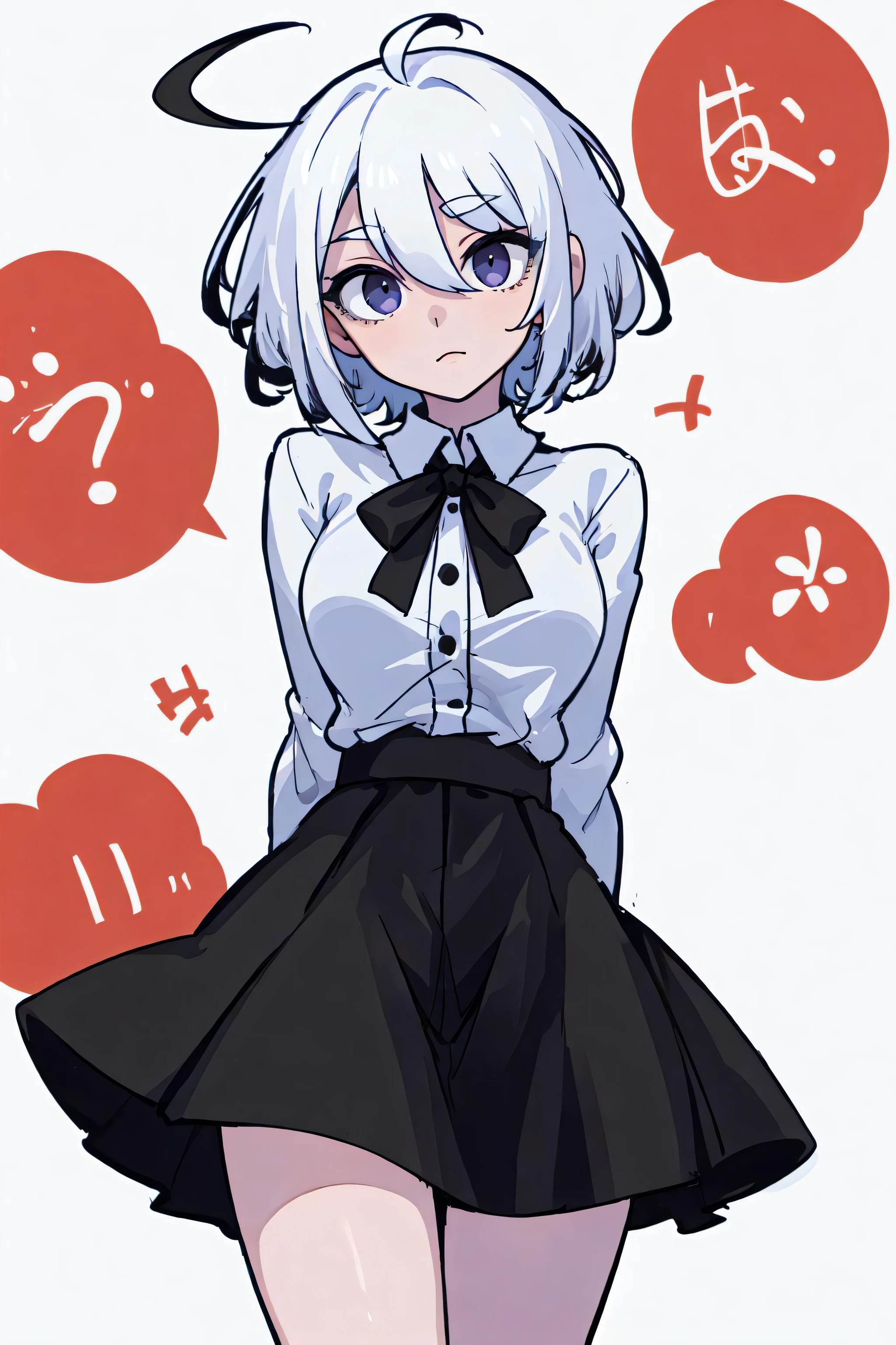 ((masterpiece, best quality)), (1girl), (solo), (female focus), (ahoge, white hair, short hair), black eyes, ((white shirt), (buttoned shirt)), ((black skirt), (short skirt)), standing, white background, arms behind back