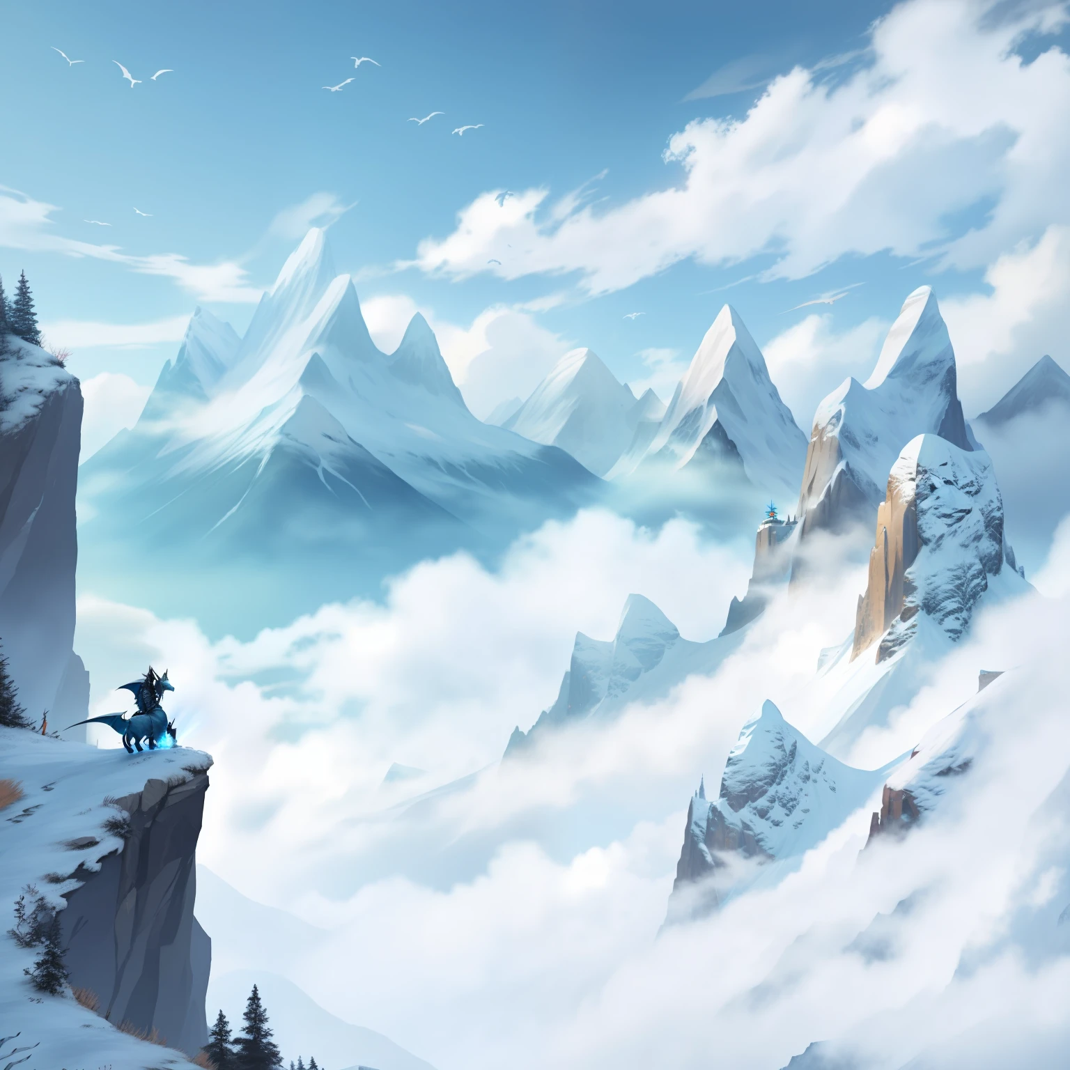 sky background, mountains and dragons, fantasy style
