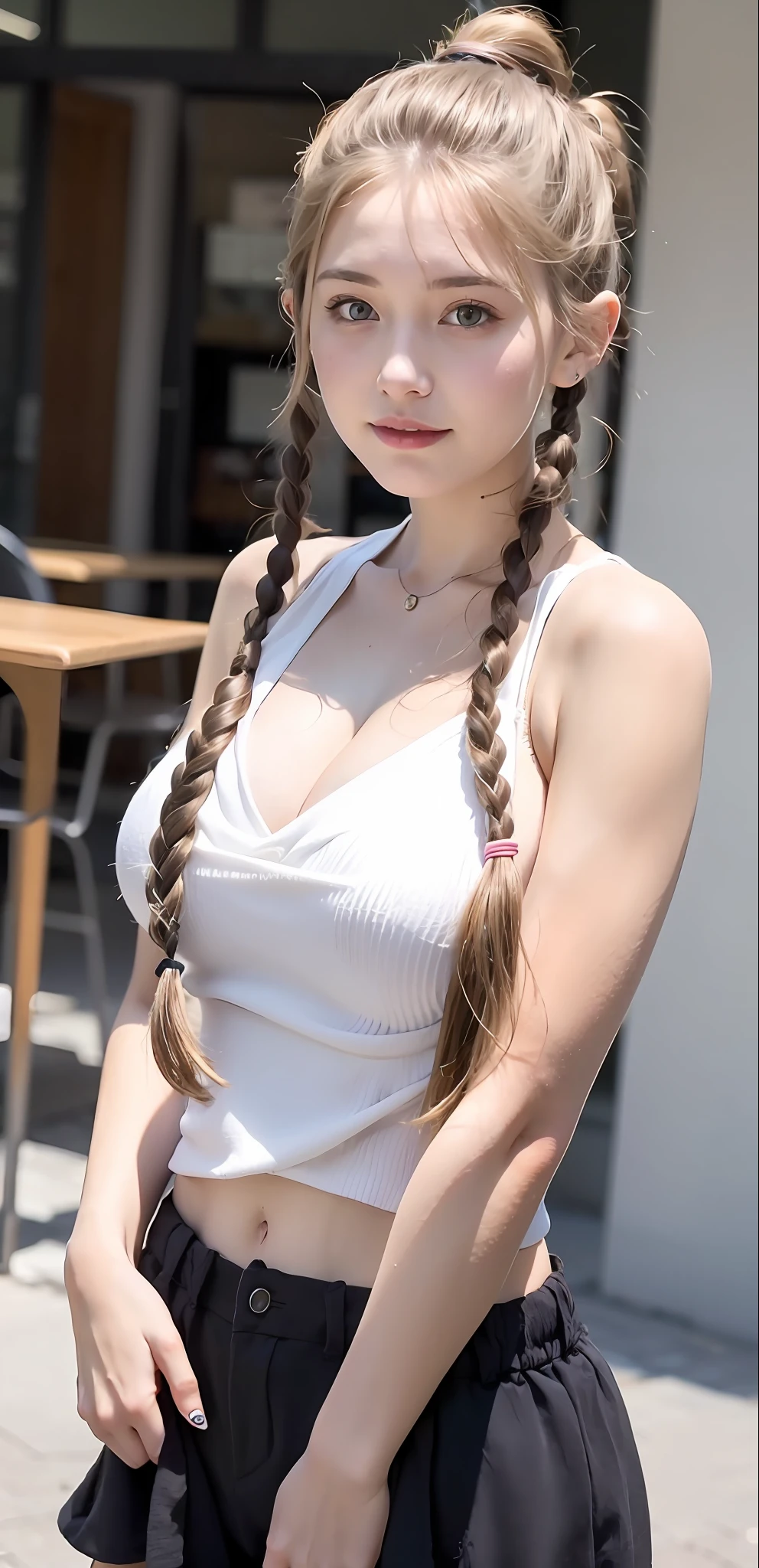 Close-up of a woman with a very large chest, , sehr realistisch, with black pigtails, blonde hair with braids, Girl with pigtails, young and cute girl, Hair in braids, She has two ponytails, pigtails, Badeanzug, Schwimmbad