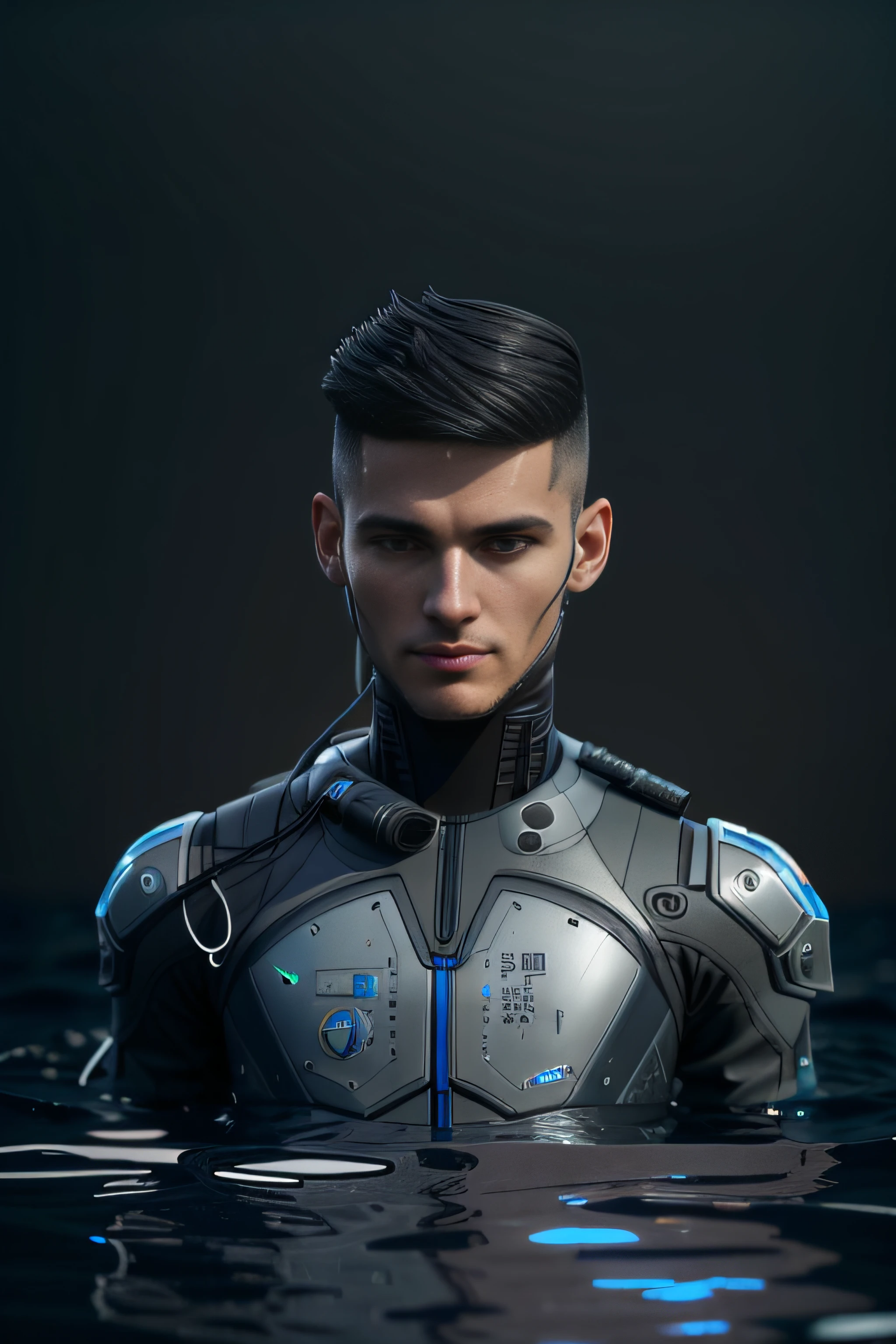 Arad man in a wetsuit standing in the water, cyborg fashion model, portrait of a cyborg, cyborg male, male cyborg, dystopian sci-fi character, cyborg man portrait, attractive androgynous humanoid, a teen cyberpunk cyborg, bionic scifi alexandre ferra, portrait of a cyberpunk cyborg, cyborg fashion shot, 3 D rendering character art 8 K