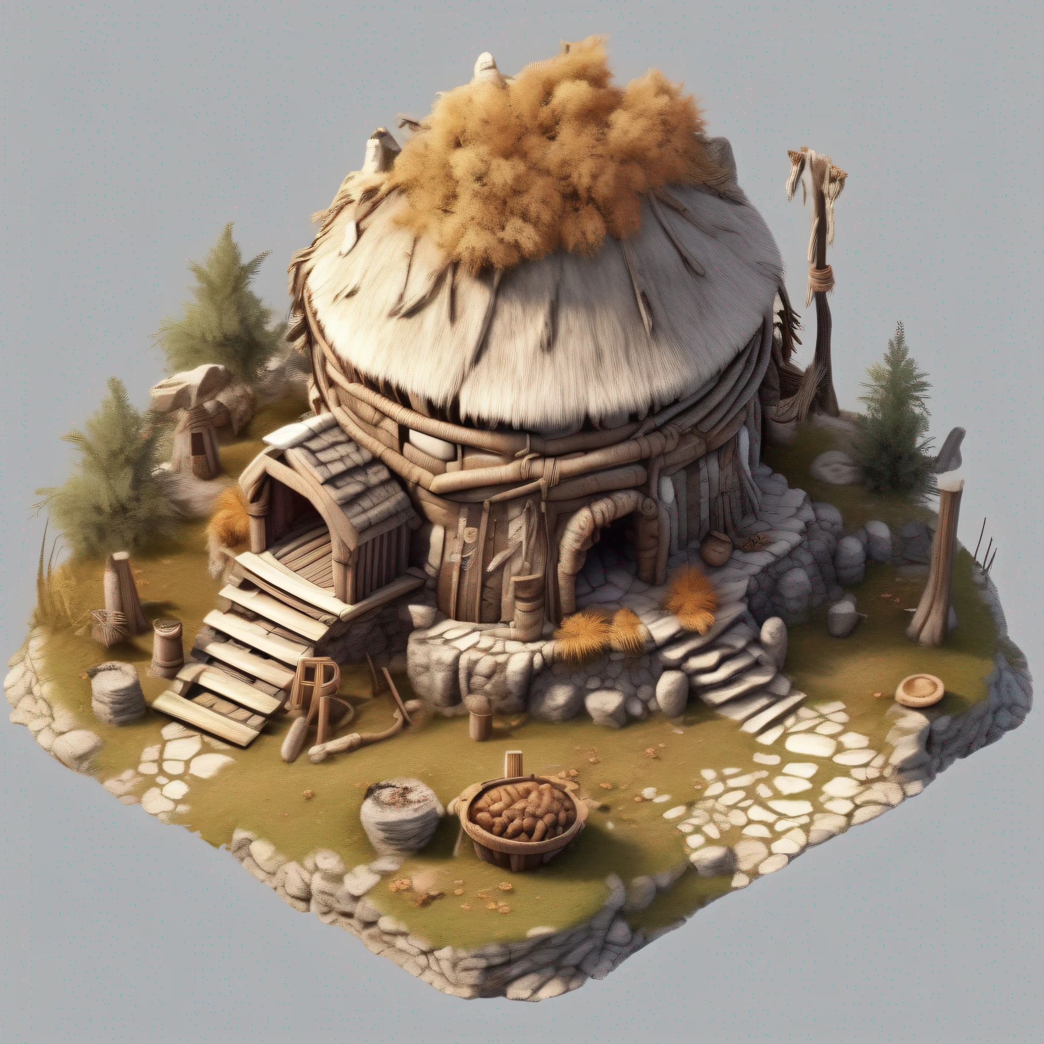 （Isometric house，Primitive tribal architectural design），Realisticstyle， Game architectural design，（circular roof，Animal skeletons，stone，wood， symmetrical outpost, Andrew's base），（Primitive barbarian style），Stone Age，Primordial period，（white backgrounid），Realistic photos， best detail， tmasterpiece， best qualtiy， 8K