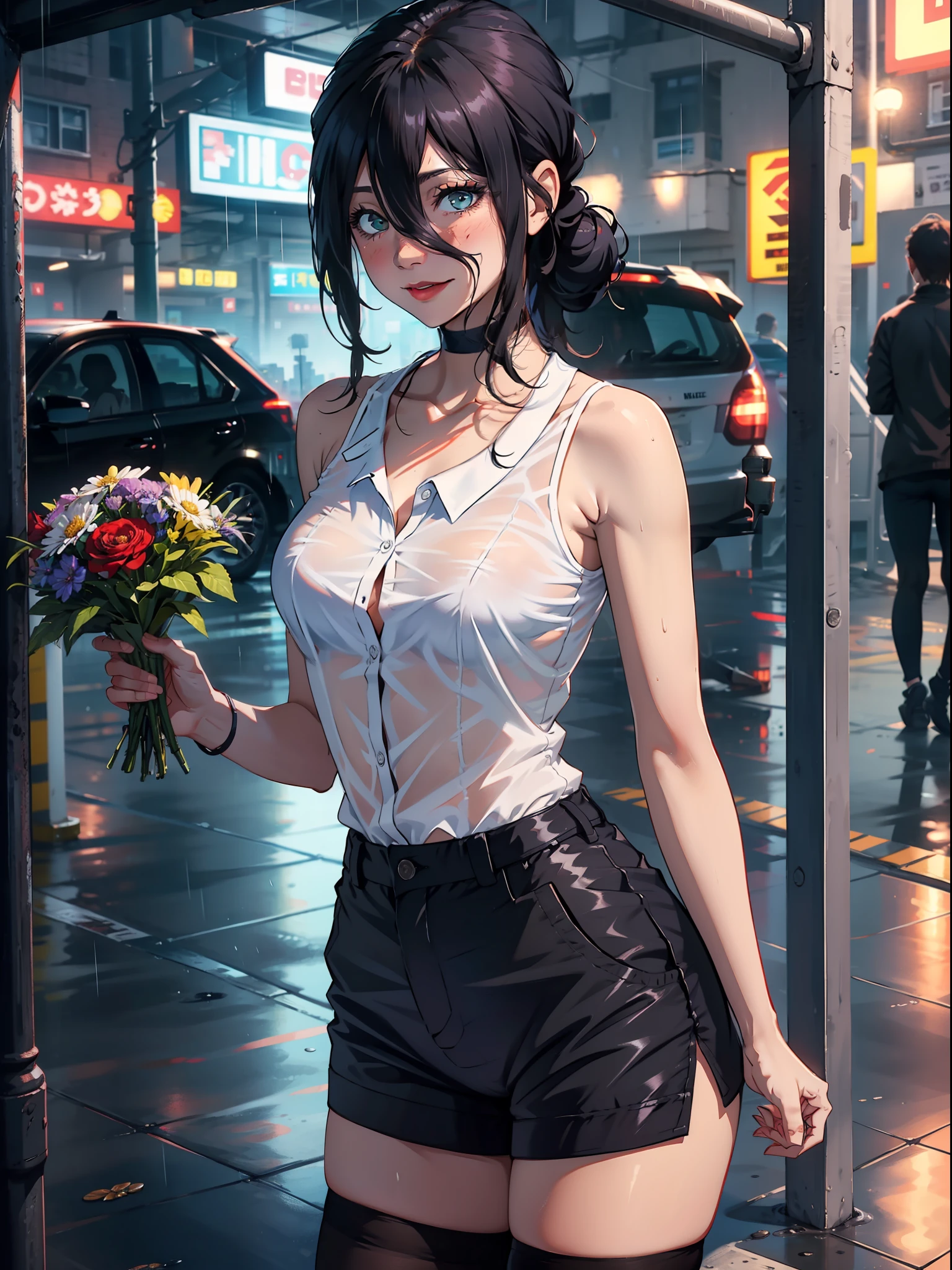 is shy,Be red in the face,Next to the rainy station,Hold a bouquet of flowers in your hand,Black shorts,Hand the camera a flower,White sleeveless shirt