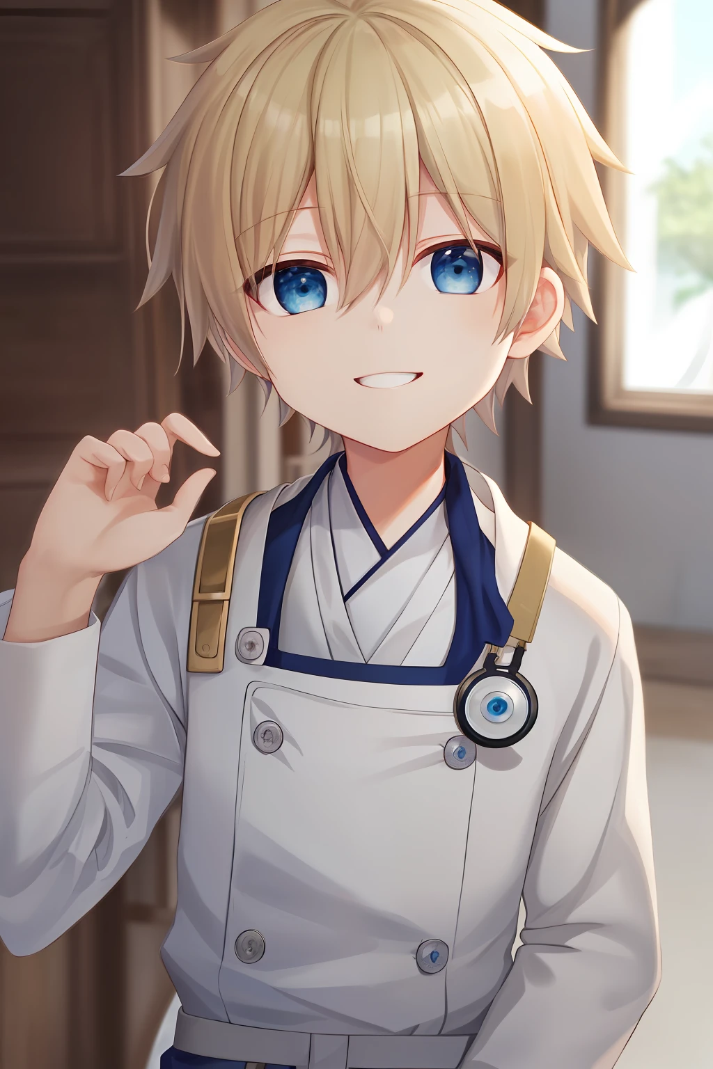 (high-quality, breathtaking),(expressive eyes, perfect face), 1boy, male, solo, short, young boy, short blonde hair, blue eyes, white oufit, pants, smile, Farma de Medicis