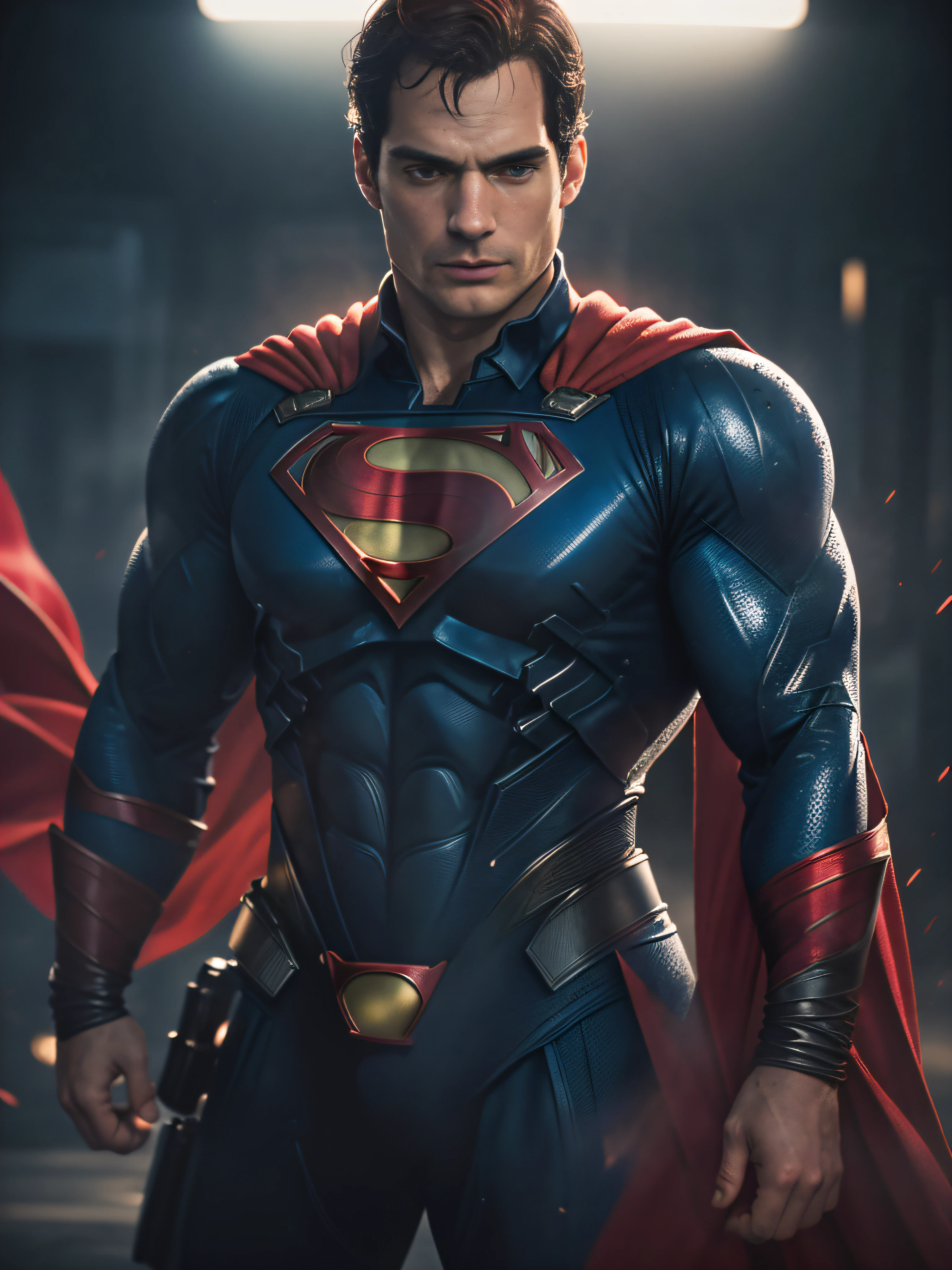 1 man, solo, Henry Cavill as Superman, 40s year old, all blue and red details suit, bare hands, big red S symbol on the chest, red cape, strain of hair covering forehead, short cut hair, tidy hair, tall, manly, hunk body, muscular, wide shoulder, straight face, black hair, best quality, high resolution:1.2, masterpiece, photorealism, dark background, detailed suit, detailed face, upper body shot, crossed arms, runic scene in the background
