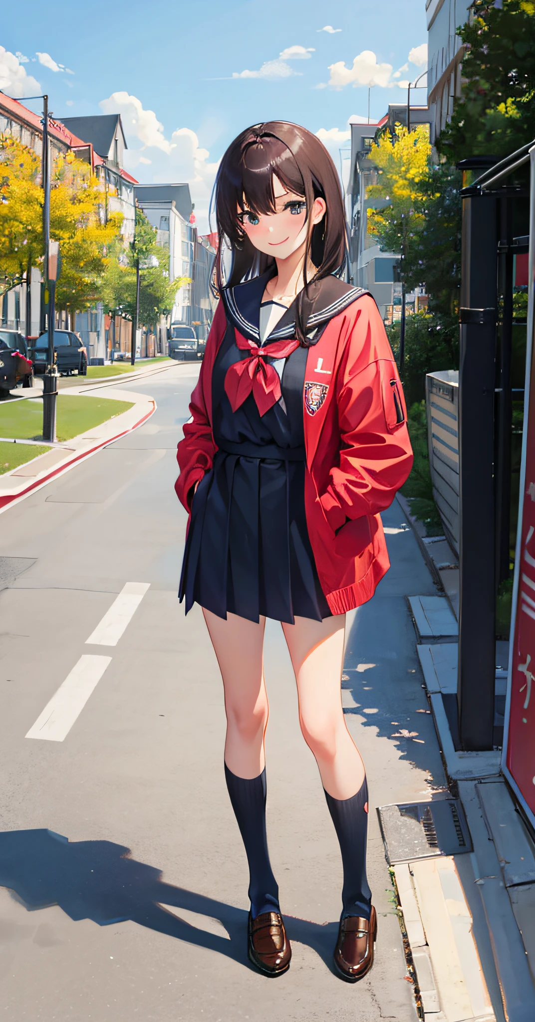 masterpiece,bestquality,girls,schooldress,standing,fullbody,park,smile,handinpocket,lookingatviewer