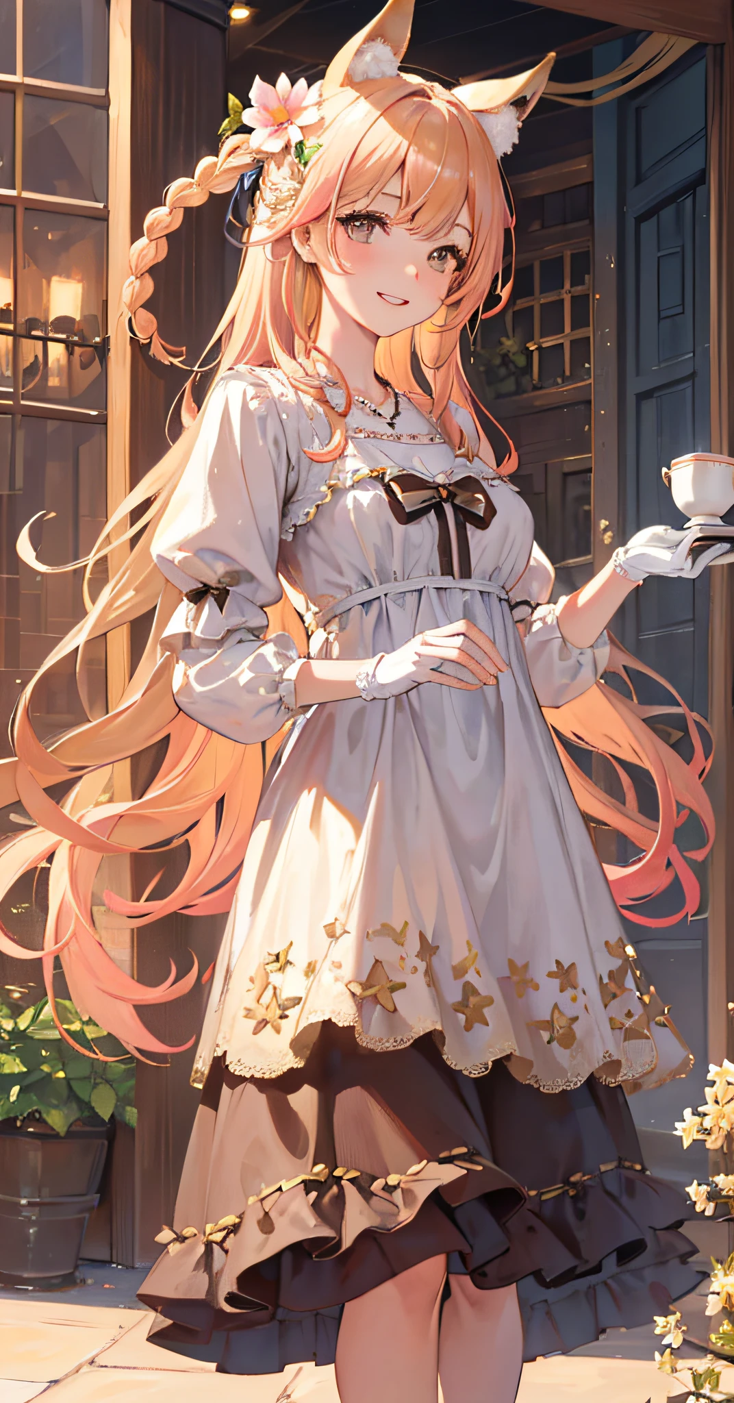 (masterpiece),(bestquality),(ultra-detailed),(((illustration))),((anextremelydelicateandbeautiful)),(detailedlight),((milk_tea_shop)),building,city,scenery,sparkle,star_(sky),bucket,cup,teapot,tray,(lace_gloves),teatrayinlefthand,skirtinrighthand((girl,animal_ears,bangs,blonde_hailacer,blush,braid,brown_eyes,depth_of_field,flower,hair_flower,hair_ornament,jewelry,long_hair,looking_at_viewer,motion_blur,multicolored_hair,necklace,macaron_background,smile,solo,teeth,blending,photo_background,white_flower)),Beautifuldetailhands