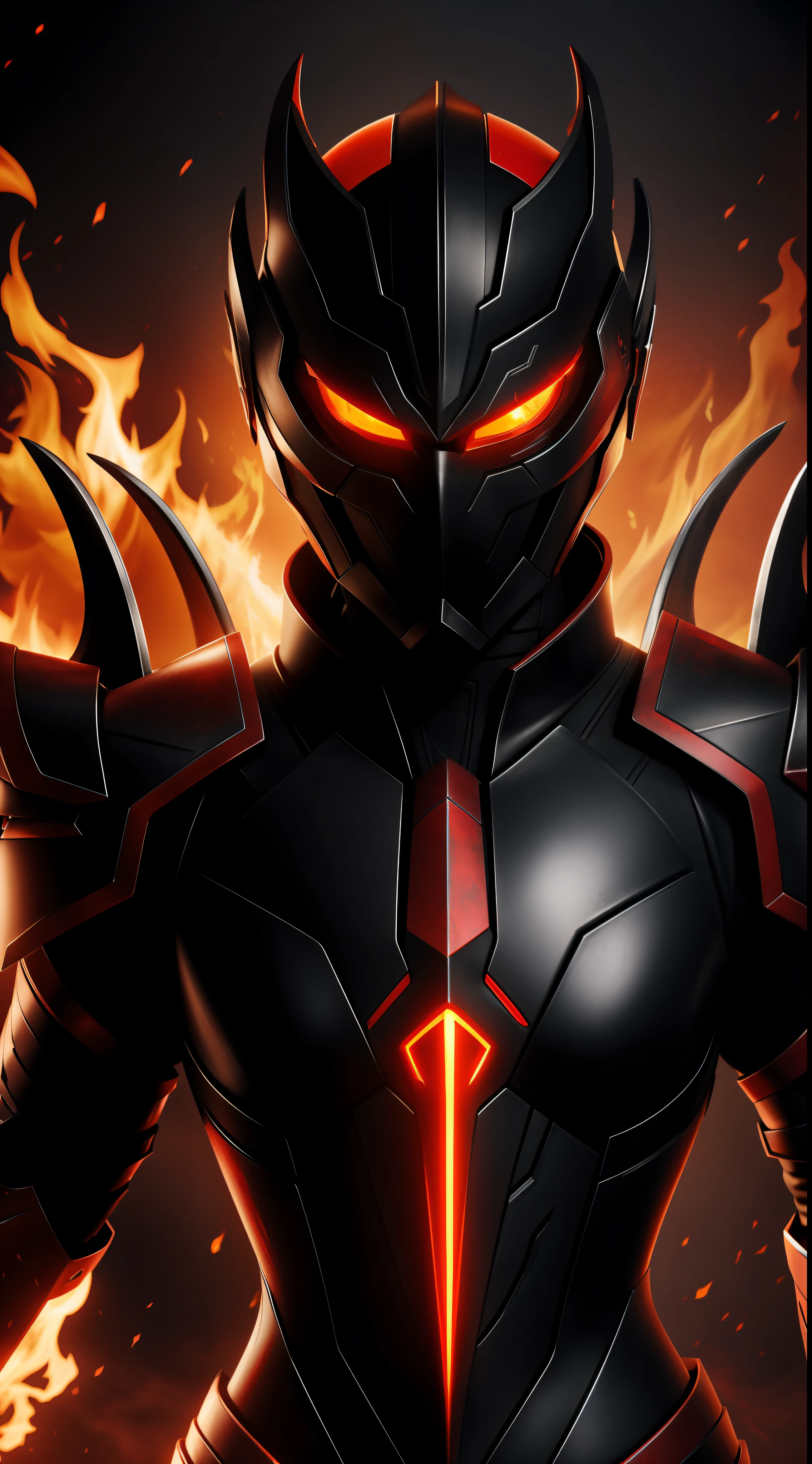 ember, in iron black armor with fiery patterns, Helmet in the form of a dragon, red-eyes, Large black wings glow with fiery light, Полнометражный 4K, higly detailed, Anime style.