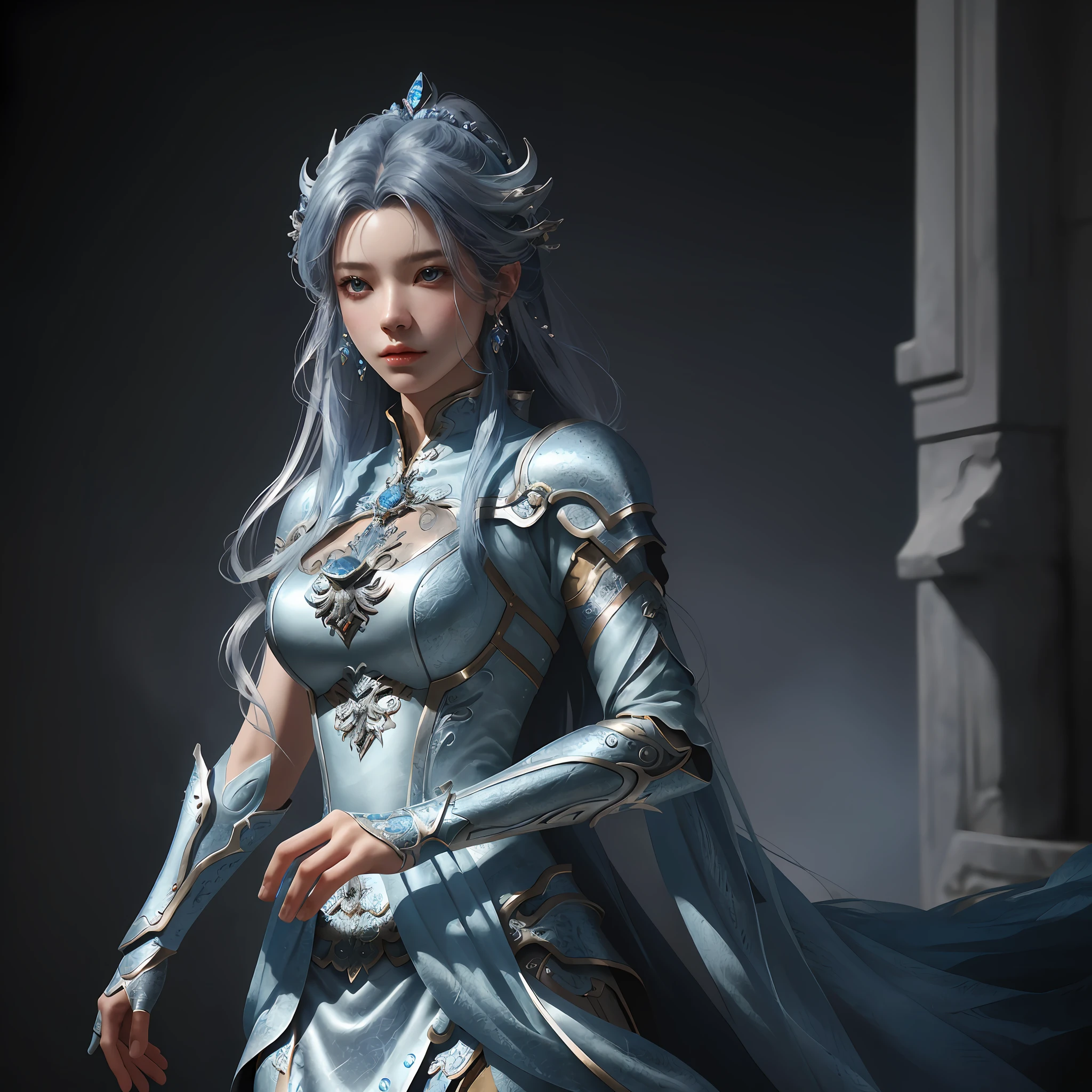 a close up of a woman in a silver and blue dress, chengwei pan on artstation, by Yang J, detailed fantasy art, stunning character art, fanart best artstation, epic exquisite character art, beautiful armor, extremely detailed artgerm, detailed digital anime art, artgerm on artstation pixiv, armor girl