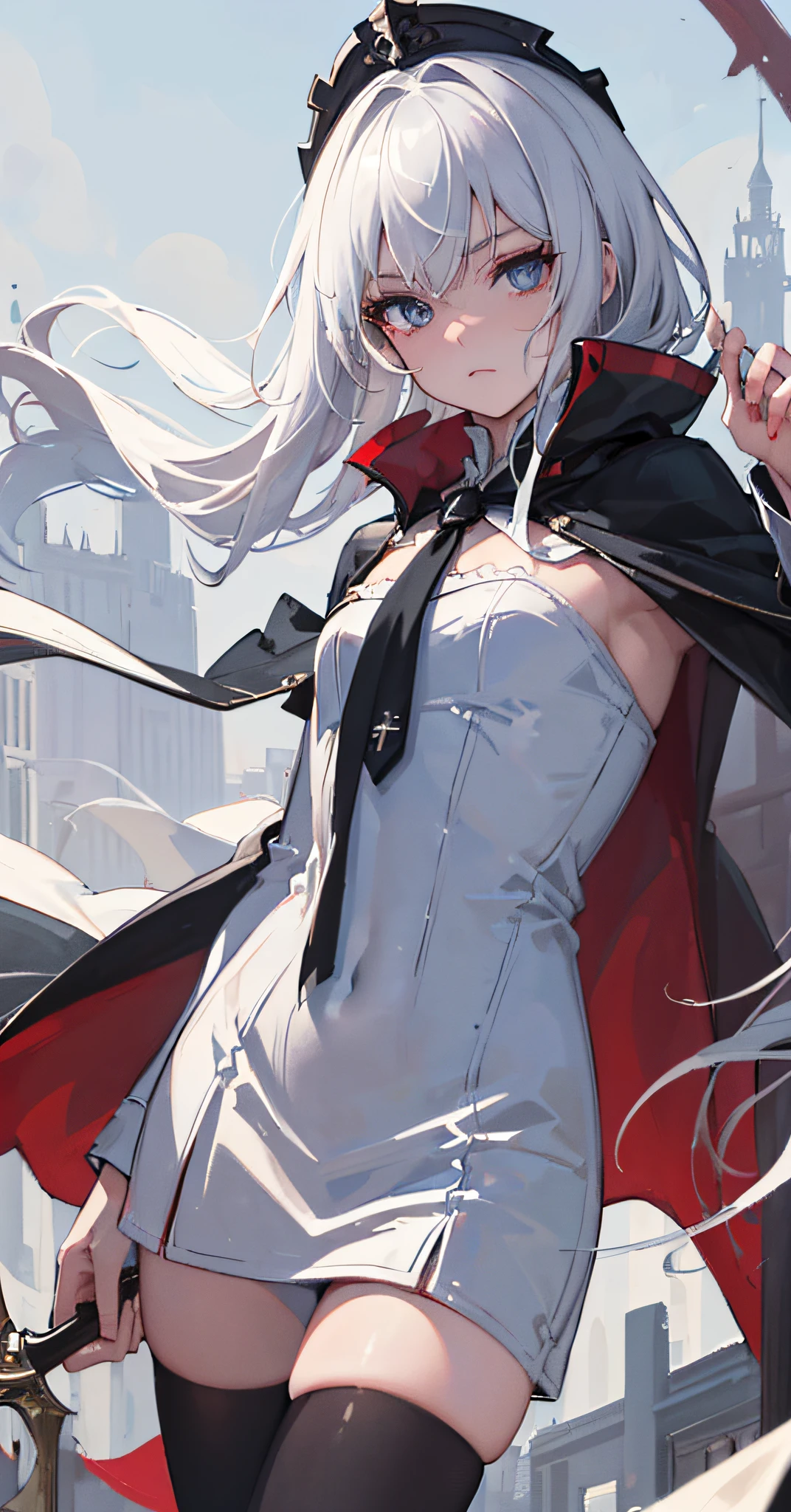 (((masterpiece))),(((bestquality))),(((ultra-detailed))),((midnight)),((dark)),shadow,(((illustration))),(((beautifuldetailedgirl))),assassin,shaded,((loli)),smallchest,holdingaknife,attacking,((delicatecuteface)),(shadedface),expressionless,scowl,redeyes,shoulderlengthhair,whitehair,((whitedress)),(whitehood),(longcape),floatingcape,whitecape,inthecityruins,[burningbuildings],