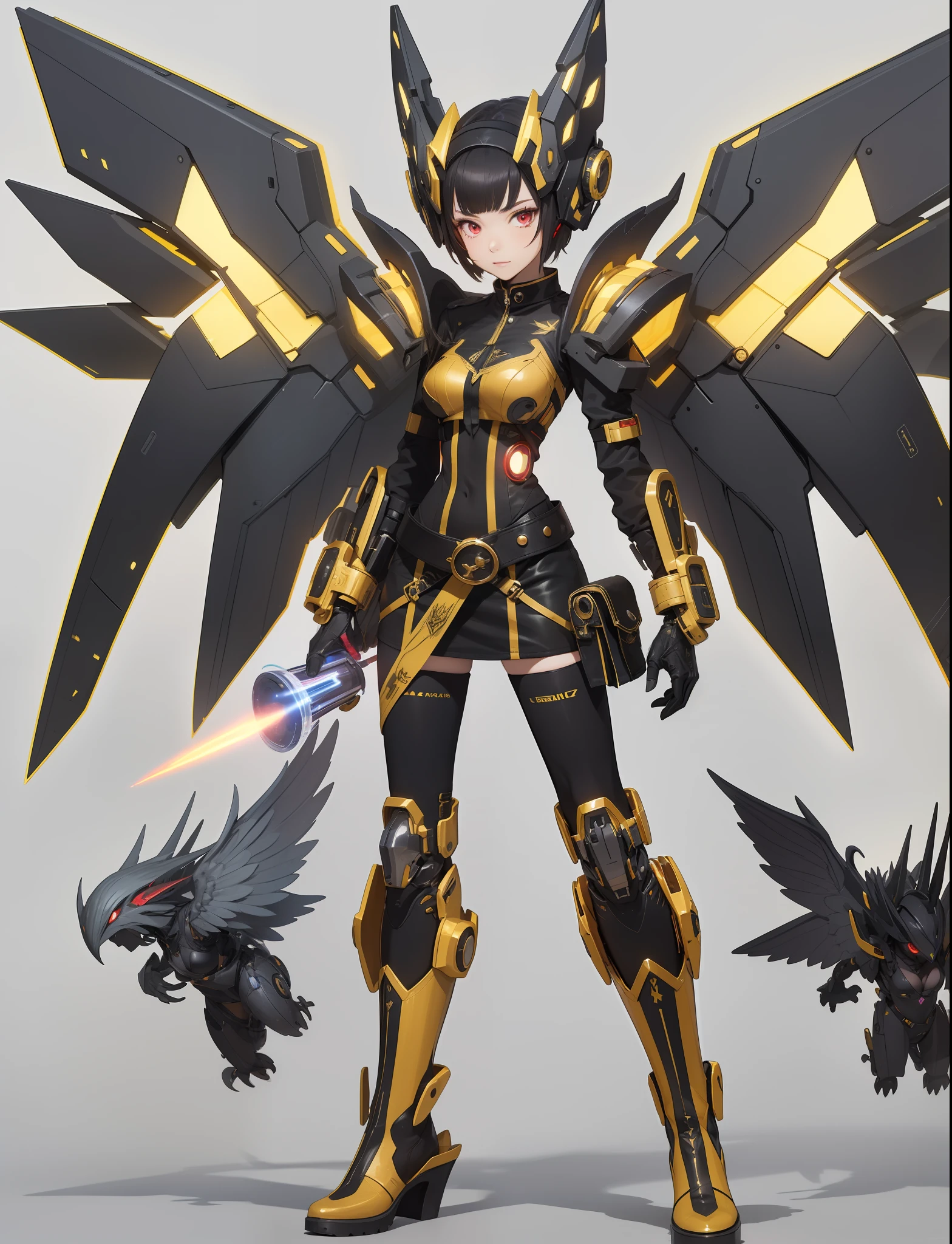 A cyborg girl who makes use of Gigan's characteristics. Her features include headgear with red eyes and a laser beam emitter, a belt with a rotating cutter, claw-like gloves and boots, and a winged cloak. Her outfit is uniform in black and gold and has a futuristic design.