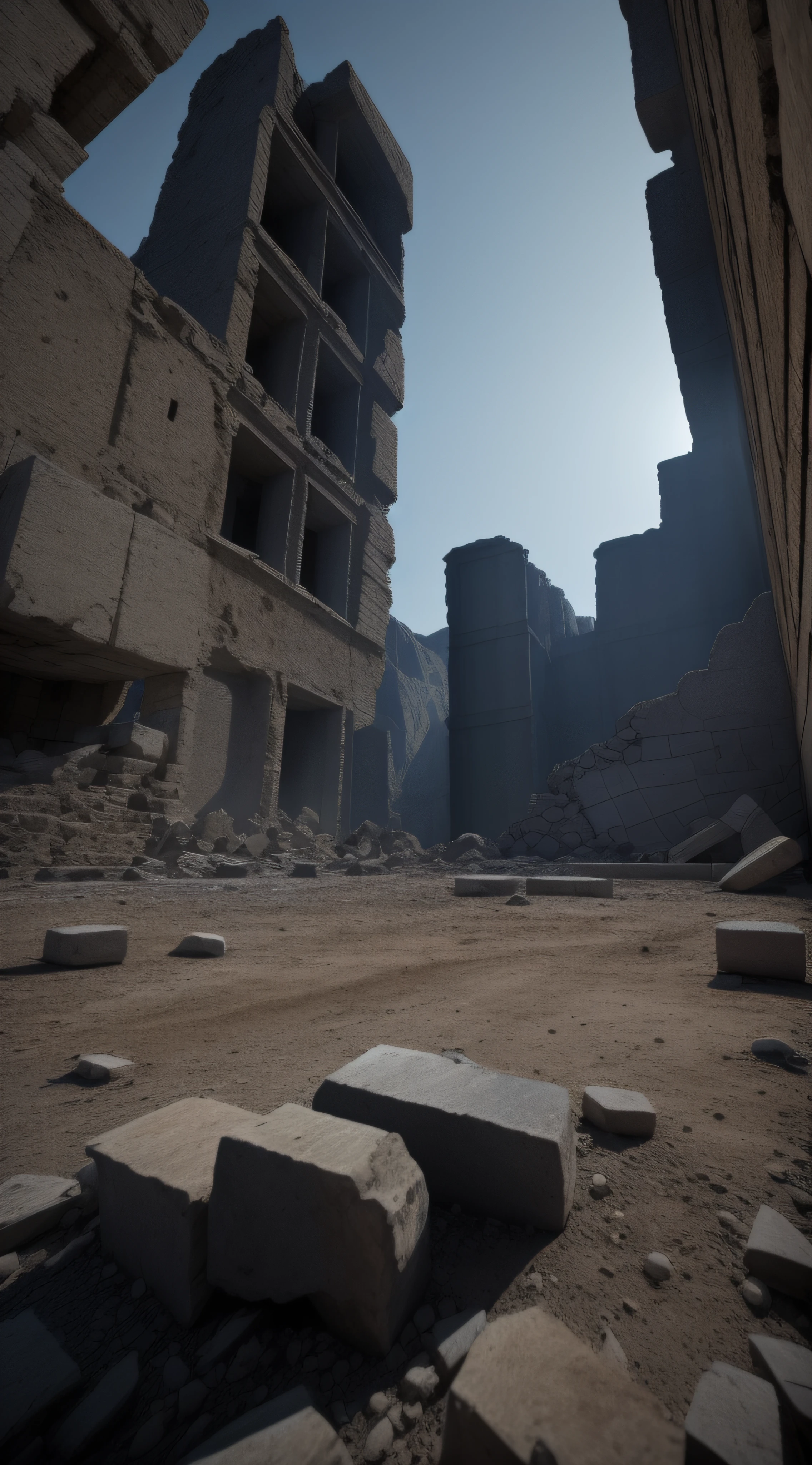 Pluto surface，There is a black cube，A huge black cube，the night，Black Desert，crack，Marble texture，Rubble ruins，Sony FE GM, Wide-angle, first person perspective, From below, Perspective，Ruins of war，remnants，Close-up