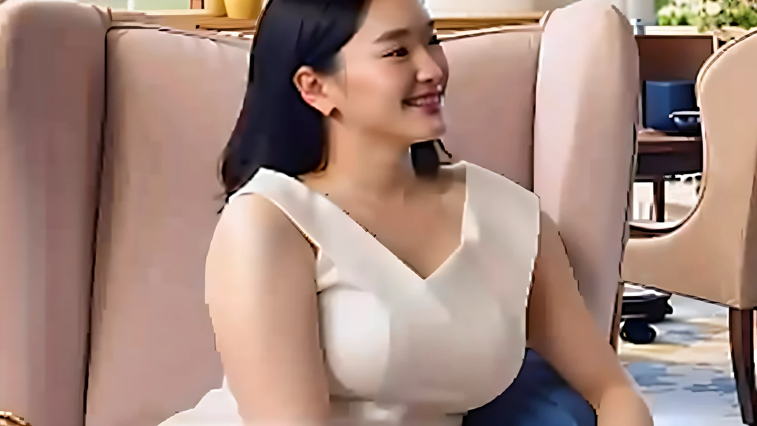 there is a woman sitting on a chair with a cup of coffee, beautiful Korean women, Korean woman, Gorgeous young Korean woman, jaeyeon nam, sie boob, Korean girl, An Asian woman, female actress from korea, Beautiful young Korean woman, cute korean actress, bbwchan, Asian woman, song hye - kyo, Japanese model, gorgeous chinese models