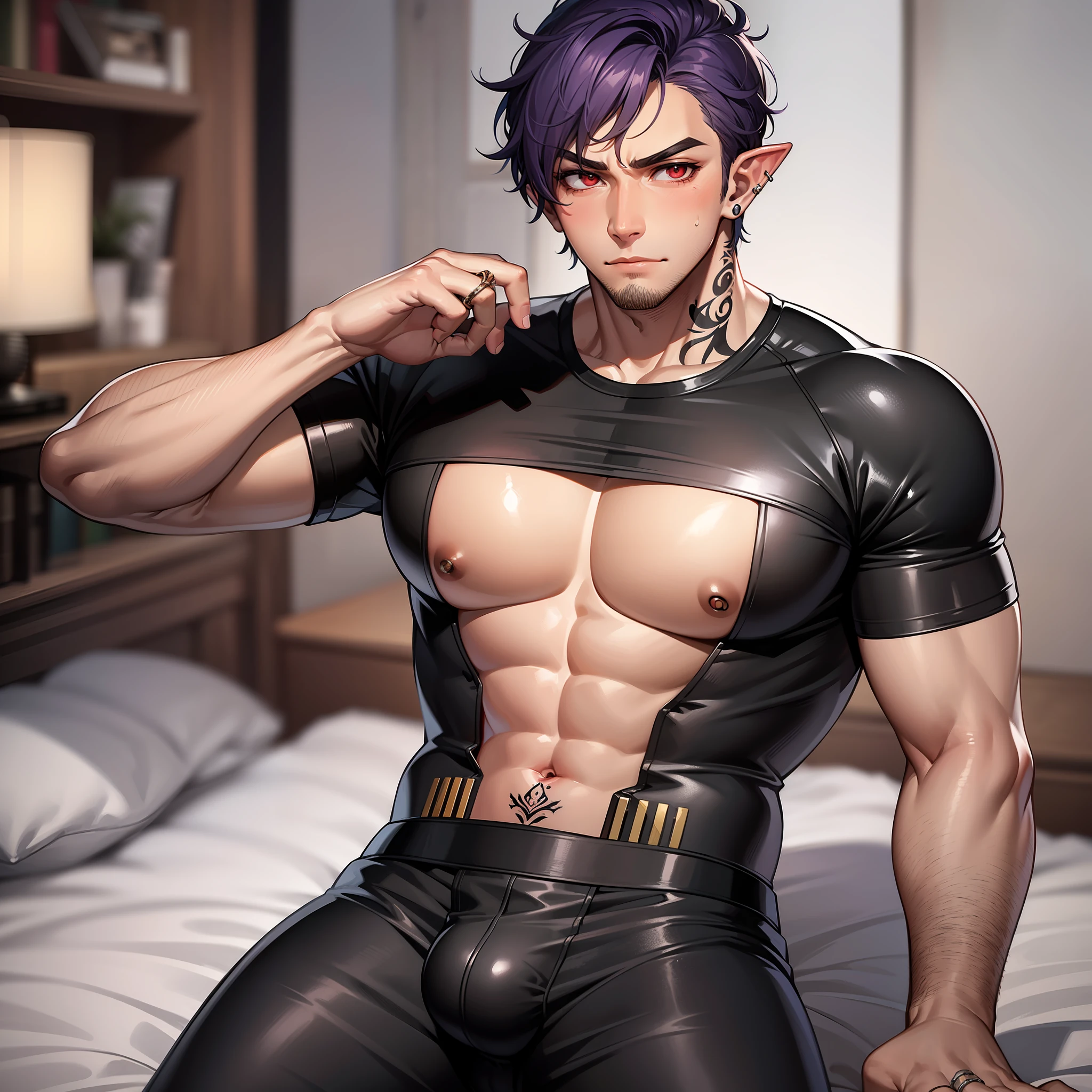 Handsome male, purple hair, short hair, wavy hair, detailed body, detailed hands, horns, expressionless, arrogant expression, red eyes, roman nose, almond eyes, baggy T-shirt, black t-shirt, cocky, nightfall, handsome, bushy brows, pointy ears, ear piercings, rings, good looking, tattoos, dark skin, brown skin, charming, good quality, huge bulge in pants, black sweatpants, manly, sitting on bed, buff man, blushing expression, shy