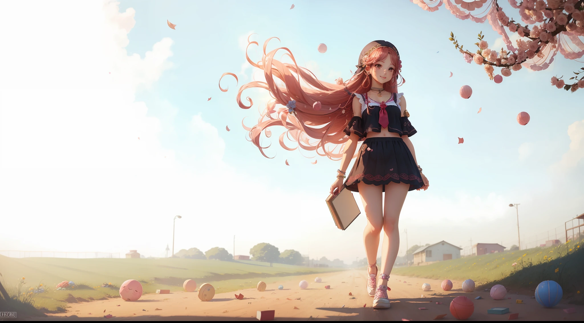 school ground、female student、Paper、School supplies dropped on the ground、holding books、standing on your feet、Long light red hair、Small and beautiful、with fair and smooth skin、grin、Slender eyebrows、Small nose、The eyes are deep and bright、Lips are rosy and plump 、The costume is simple、vibrancy、Bright colors、cozily、耳Nipple Ring、Bracelet、hair adornments、head gear、Wrist watch、Playful、Girly、stocklings、Black lace panties、Leg chains、fresh flowers、Cute shoes、Falling debris、Full body like、dignified --auto
