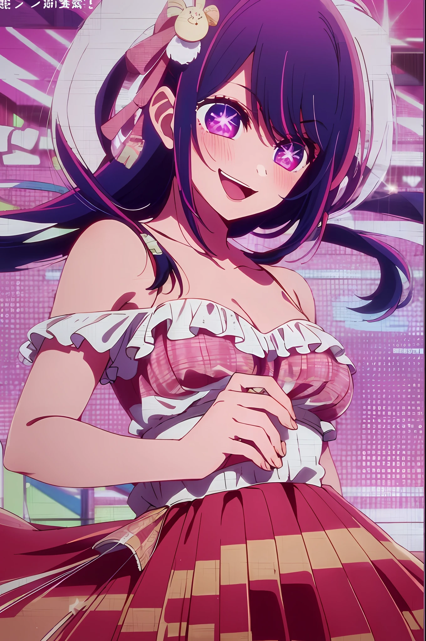 masterpiece、ighly detailed、(1 girl in:1.2)、purple color hair、pink dress、big eye、a closeup、a smile、8K 、Ai Hoshino、Live performance venue