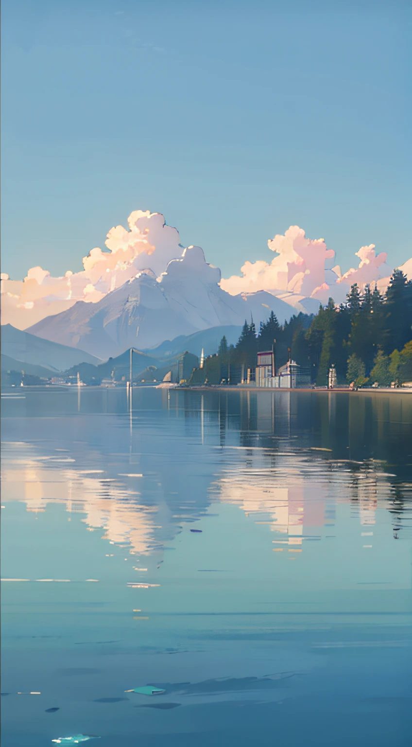 no humans, scenery, vanishing point, from below, masterpiece, best quality, 8k, absurdres, water surface, summer, noon, sunlight, blue sky, perspective, depth of field, highres, finely detail, ultra-detailed, sharp focus