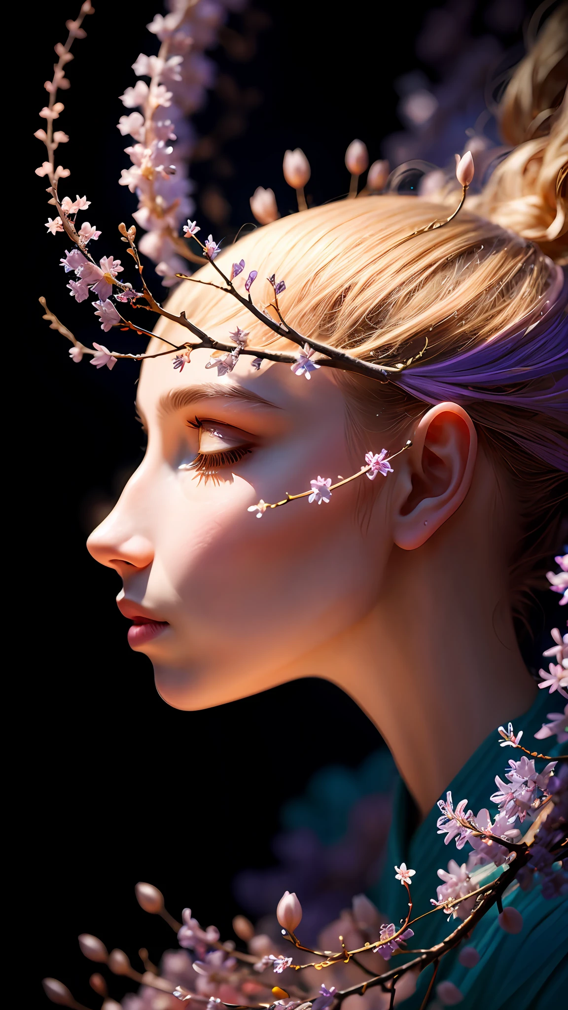 branch of delicate lilac flowers, super transparent, holy light, beautiful spectral light, petals glow, flashing, dark background, drops of transparent light, reflective light, bright, light streaming in, optics, portrait profile, sharp focus, magical, intricate, ultra realistic, fantasy, composition, light, trend on artstation, pearl, patronus cloud of silvery vapor, corrosive enveloping ray family, 8k, ureal ar 23v4 uplight