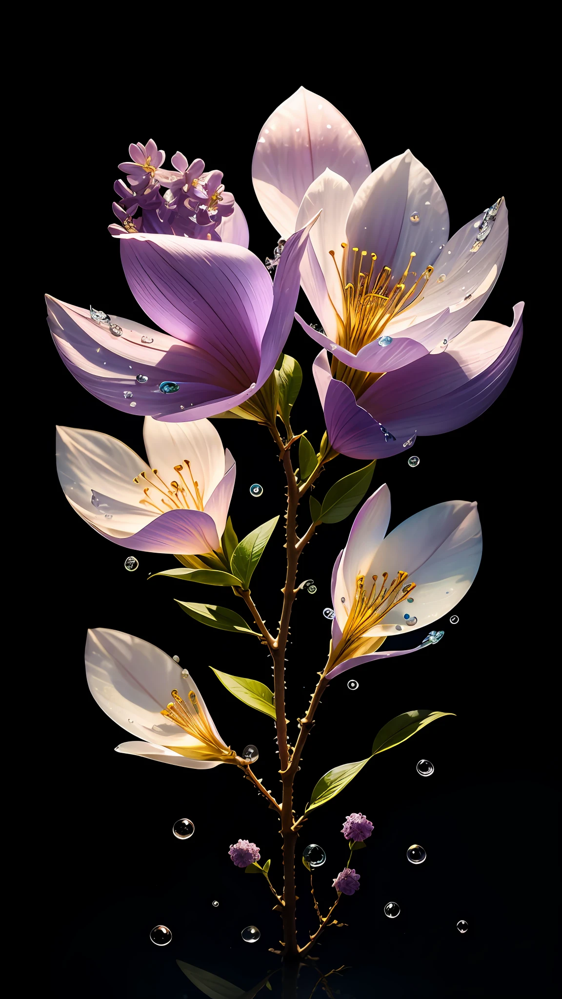 branch of delicate lilac flowers, super transparent, holy light, beautiful spectral light, petals glow, flashing, dark background, drops of transparent light, reflective light, bright, light streaming in, optics, portrait profile, sharp focus, magical, intricate, ultra realistic, fantasy, composition, light, trend on artstation, pearl, patronus cloud of silvery vapor, corrosive enveloping ray family, 8k, ureal ar 23v4 uplight